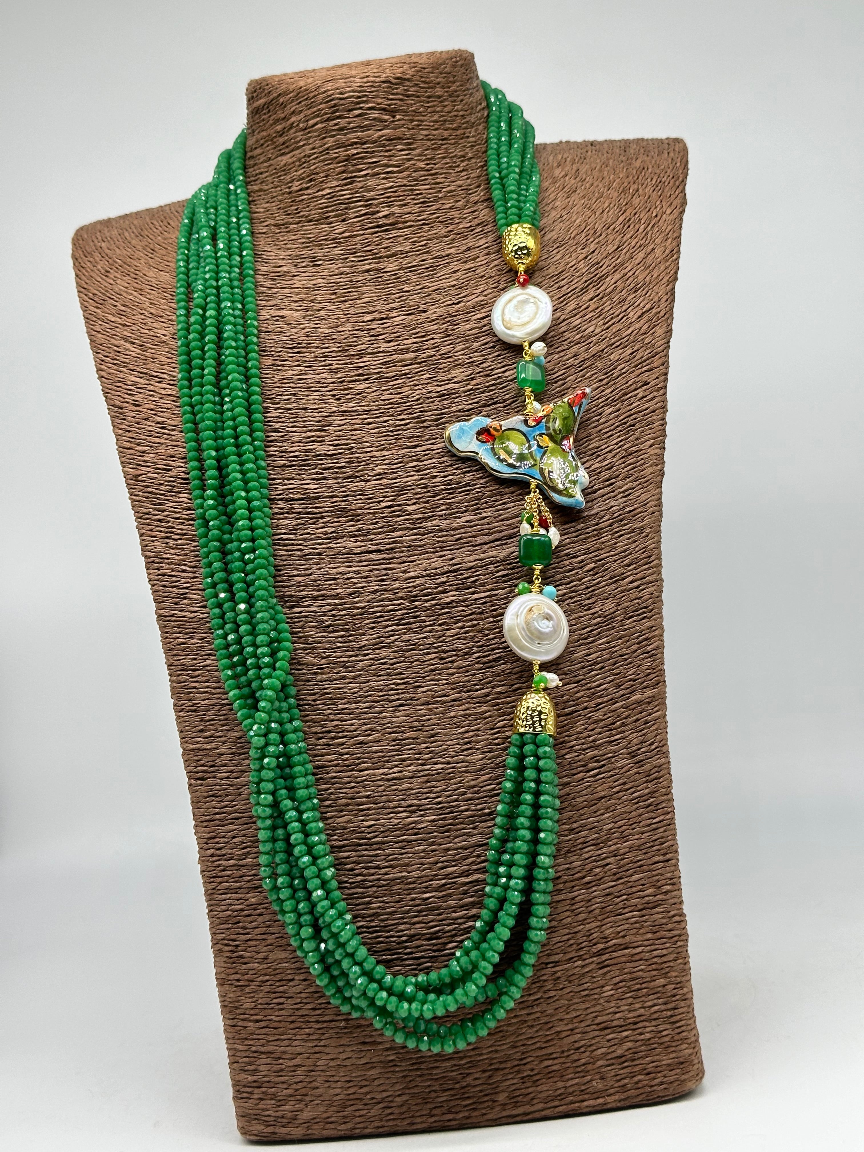 Collana Multifilo di Pietre Verde ciondolo Sicilia perle e pietre V.2 - BIJOUX