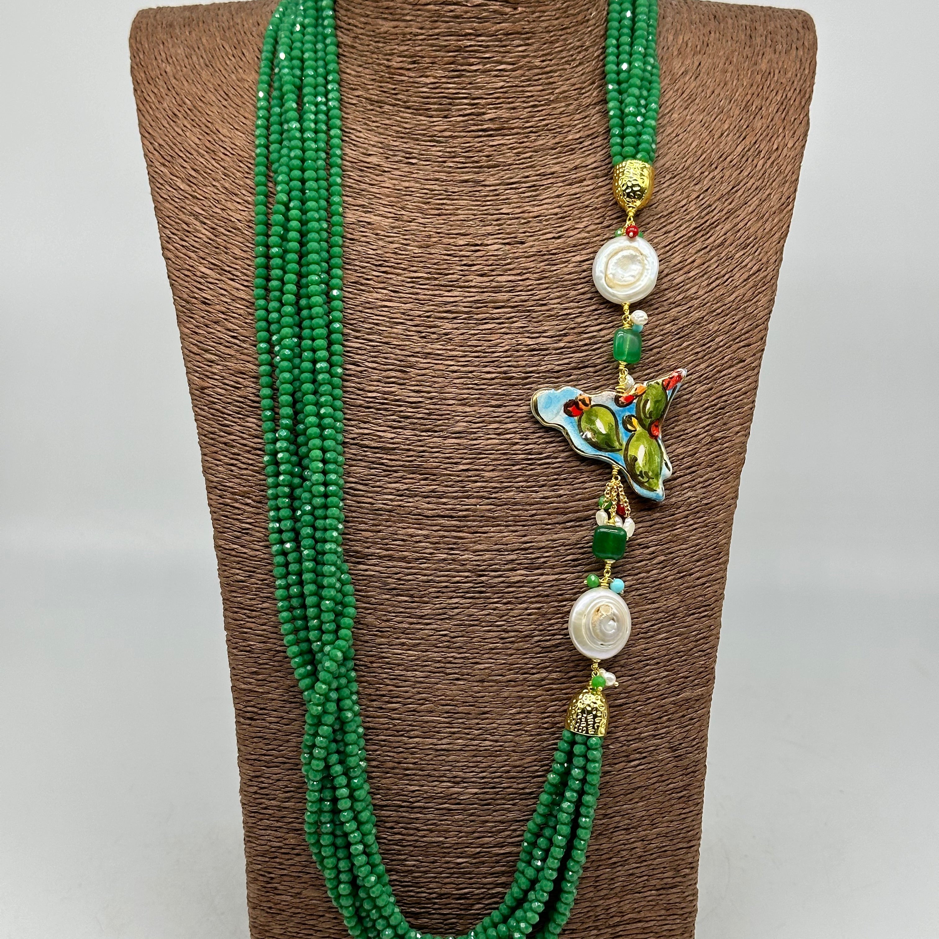 Collana Multifilo di Pietre Verde ciondolo Sicilia perle e pietre V.2 - BIJOUX