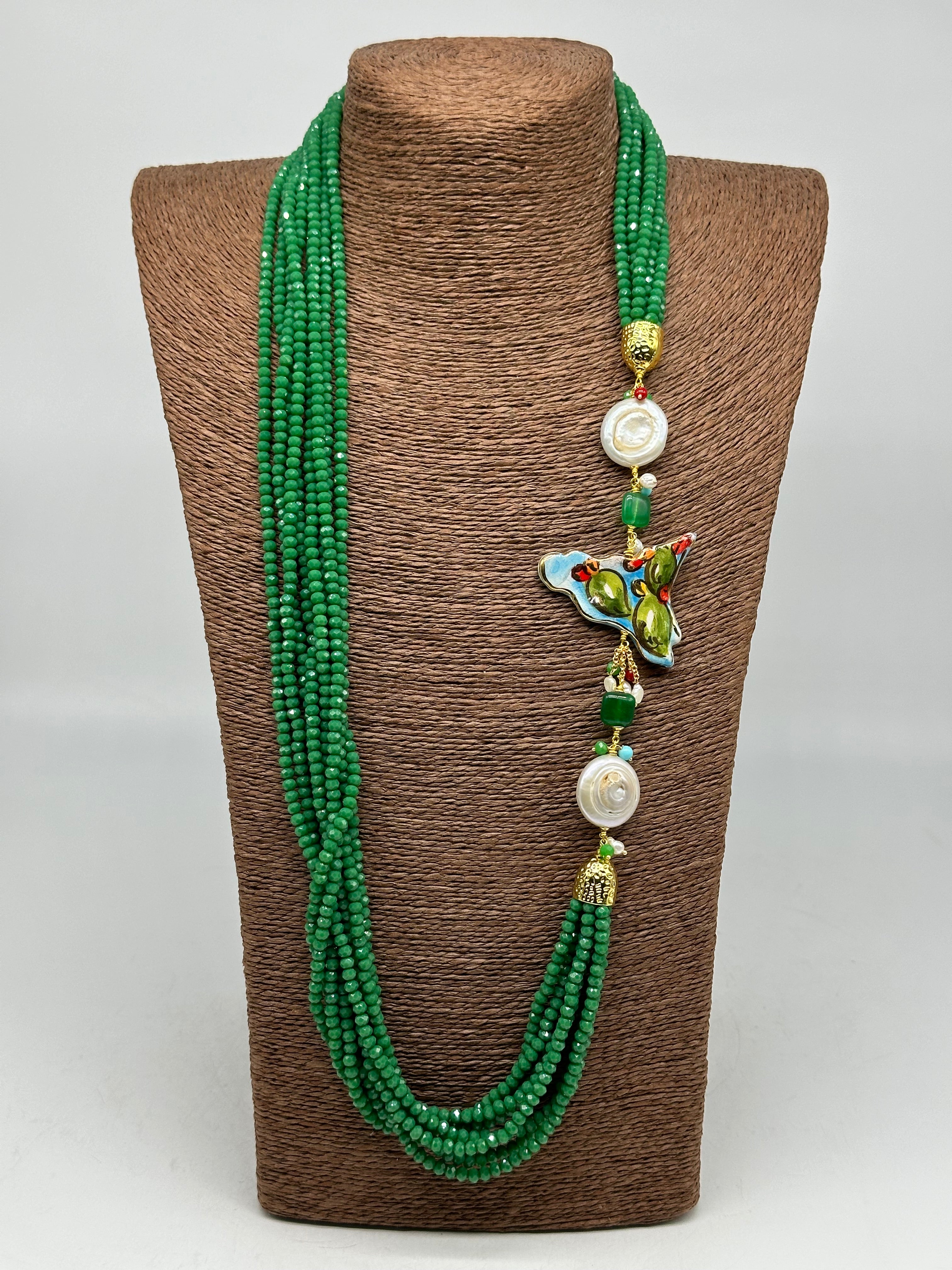 Collana Multifilo di Pietre Verde ciondolo Sicilia perle e pietre V.2 - BIJOUX