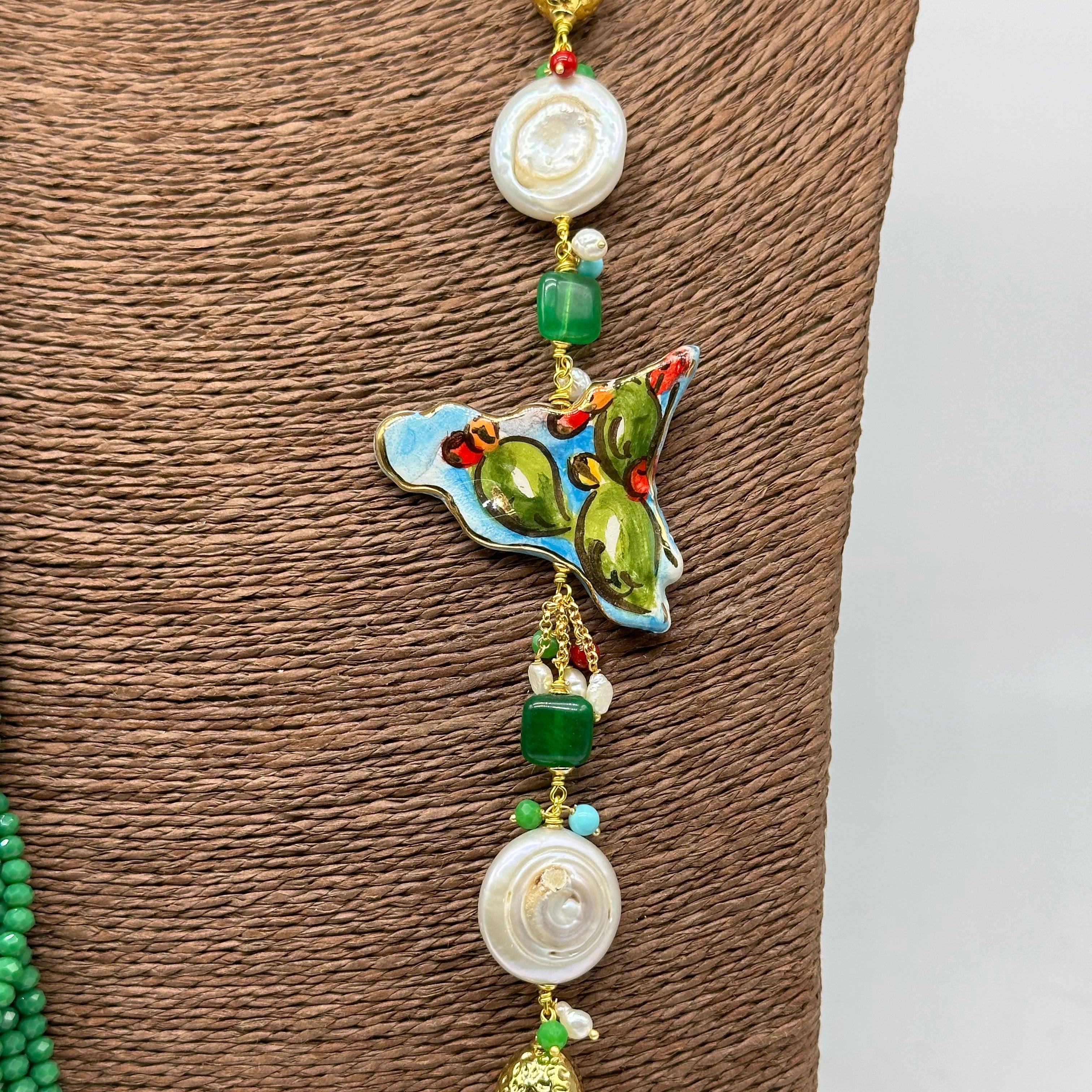 Collana Multifilo di Pietre Verde ciondolo Sicilia perle e pietre V.2 - BIJOUX