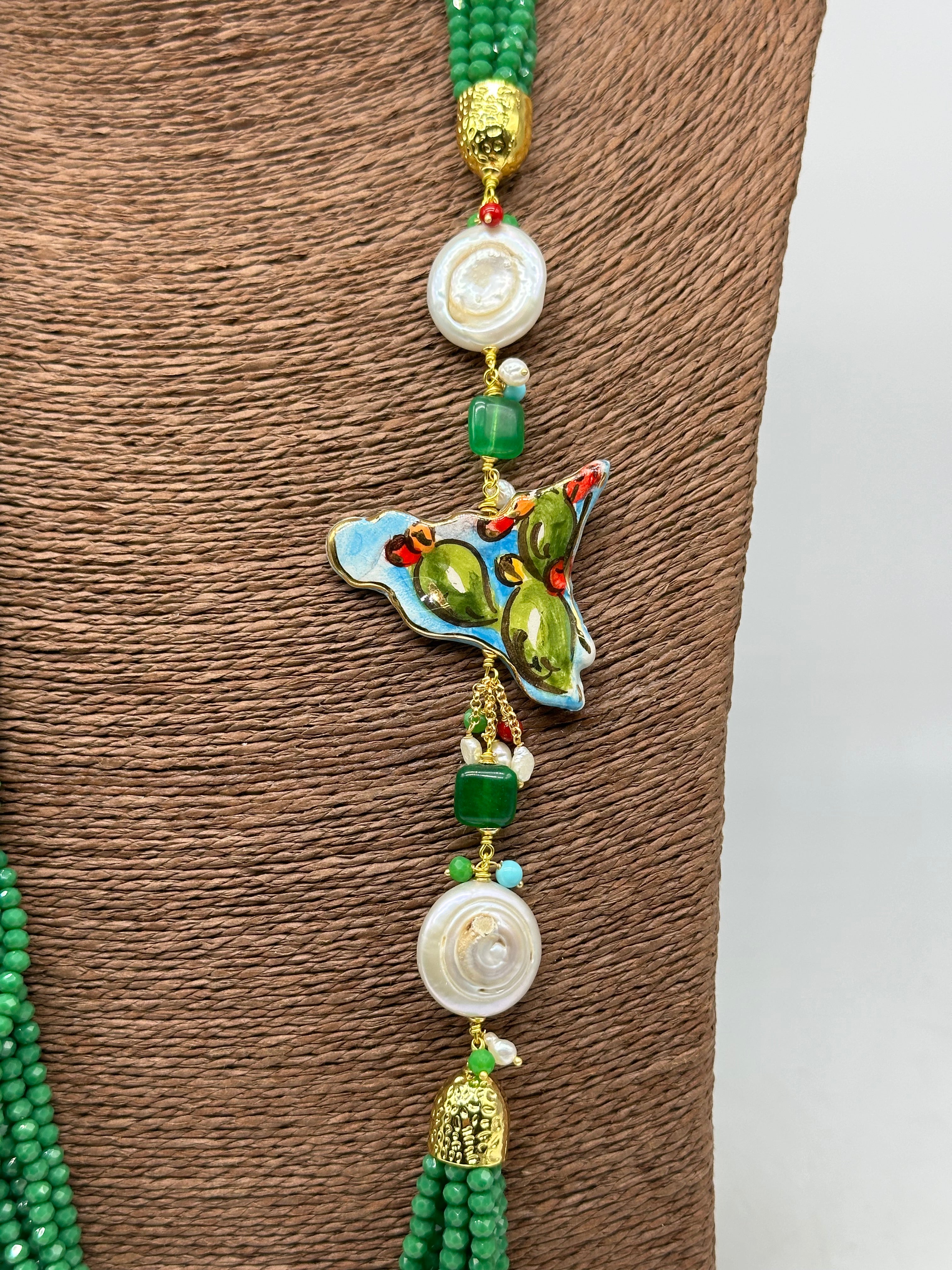 Collana Multifilo di Pietre Verde ciondolo Sicilia perle e pietre V.2 - BIJOUX