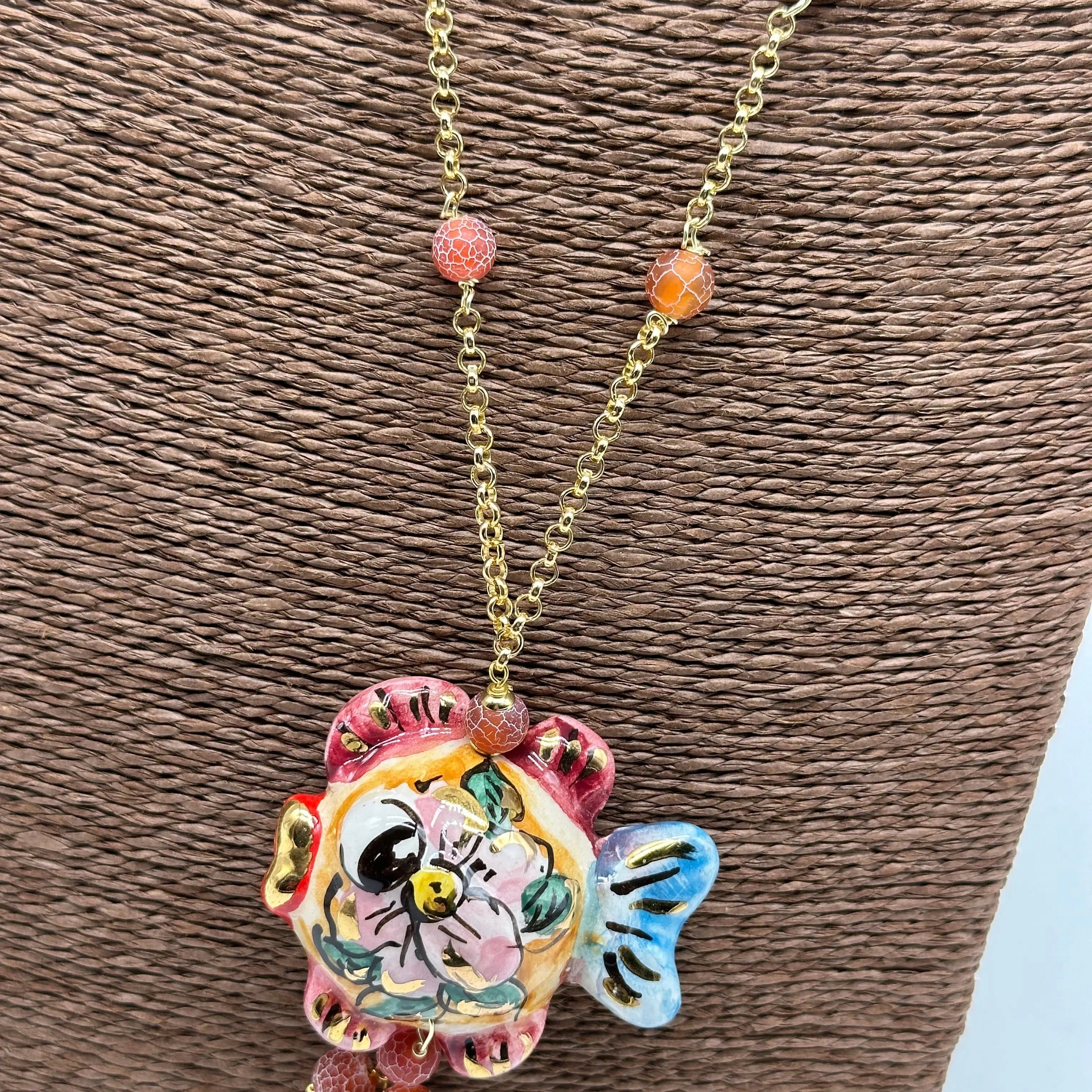 Collana Pesce in Ceramica di Caltagirone, pietre, catena dorata V.1 DD CERAMICHE SICILIANE
