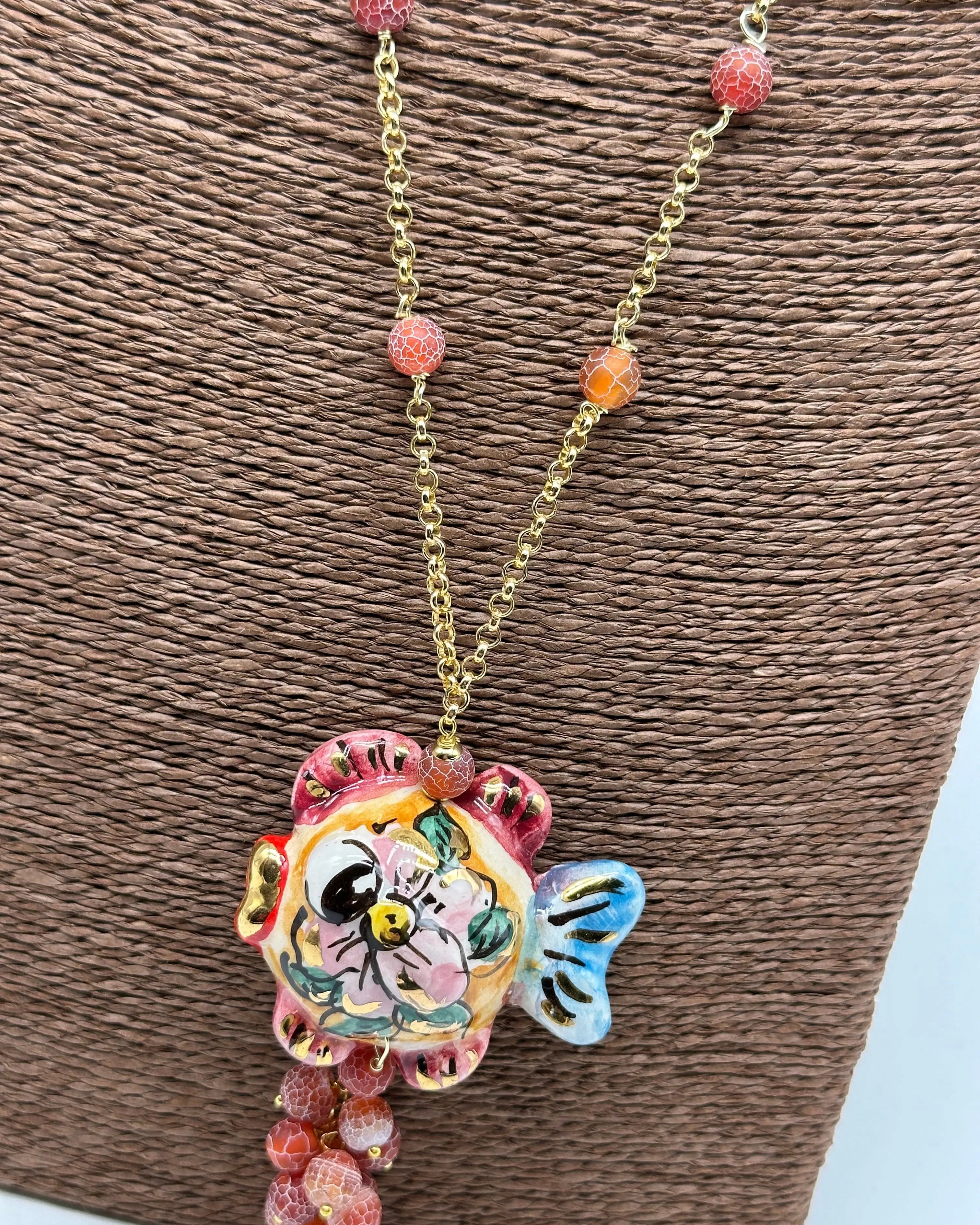 Collana Pesce in Ceramica di Caltagirone, pietre, catena dorata V.1 DD CERAMICHE SICILIANE