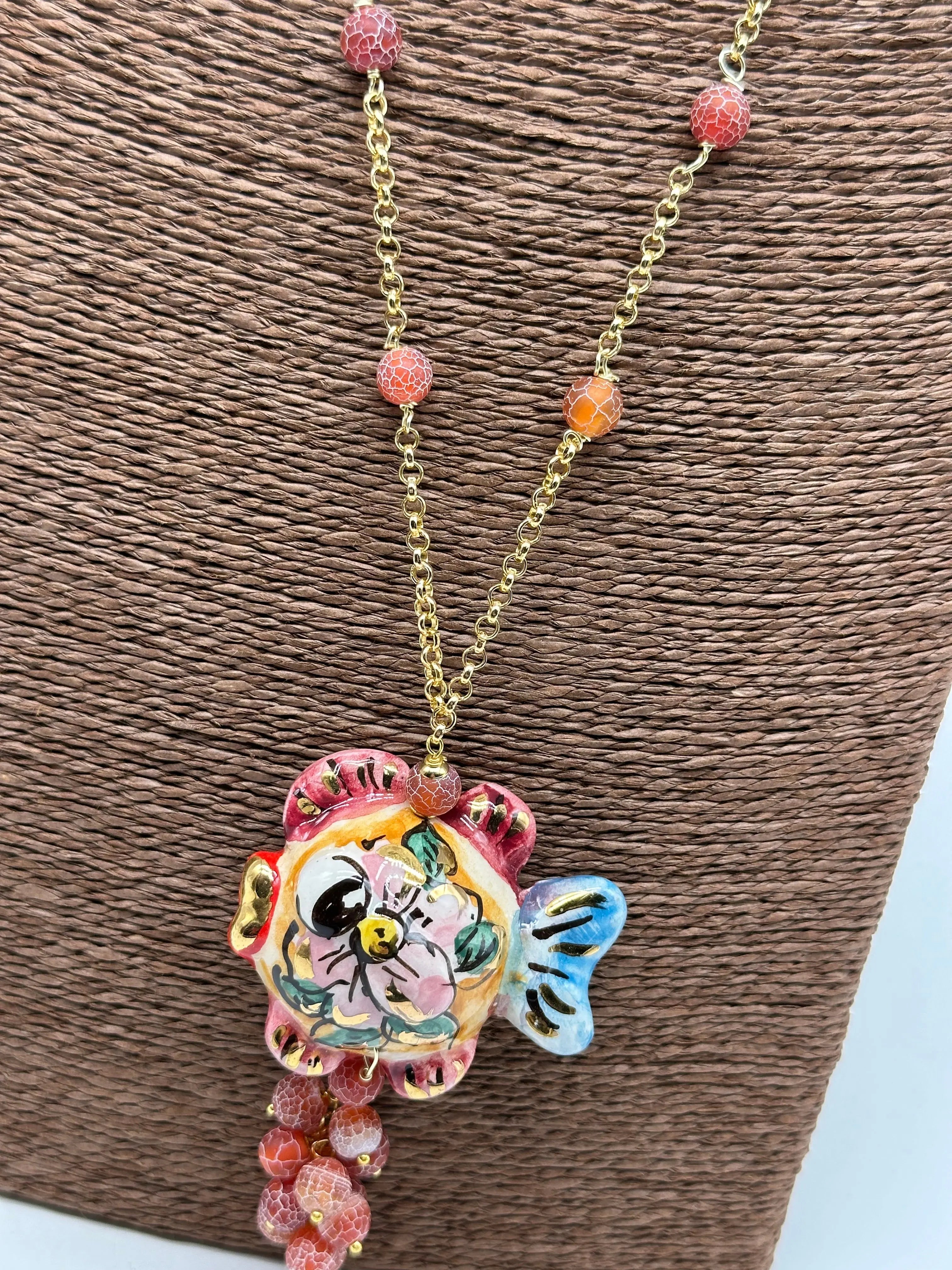 Collana Pesce in Ceramica di Caltagirone, pietre, catena dorata V.1 DD CERAMICHE SICILIANE