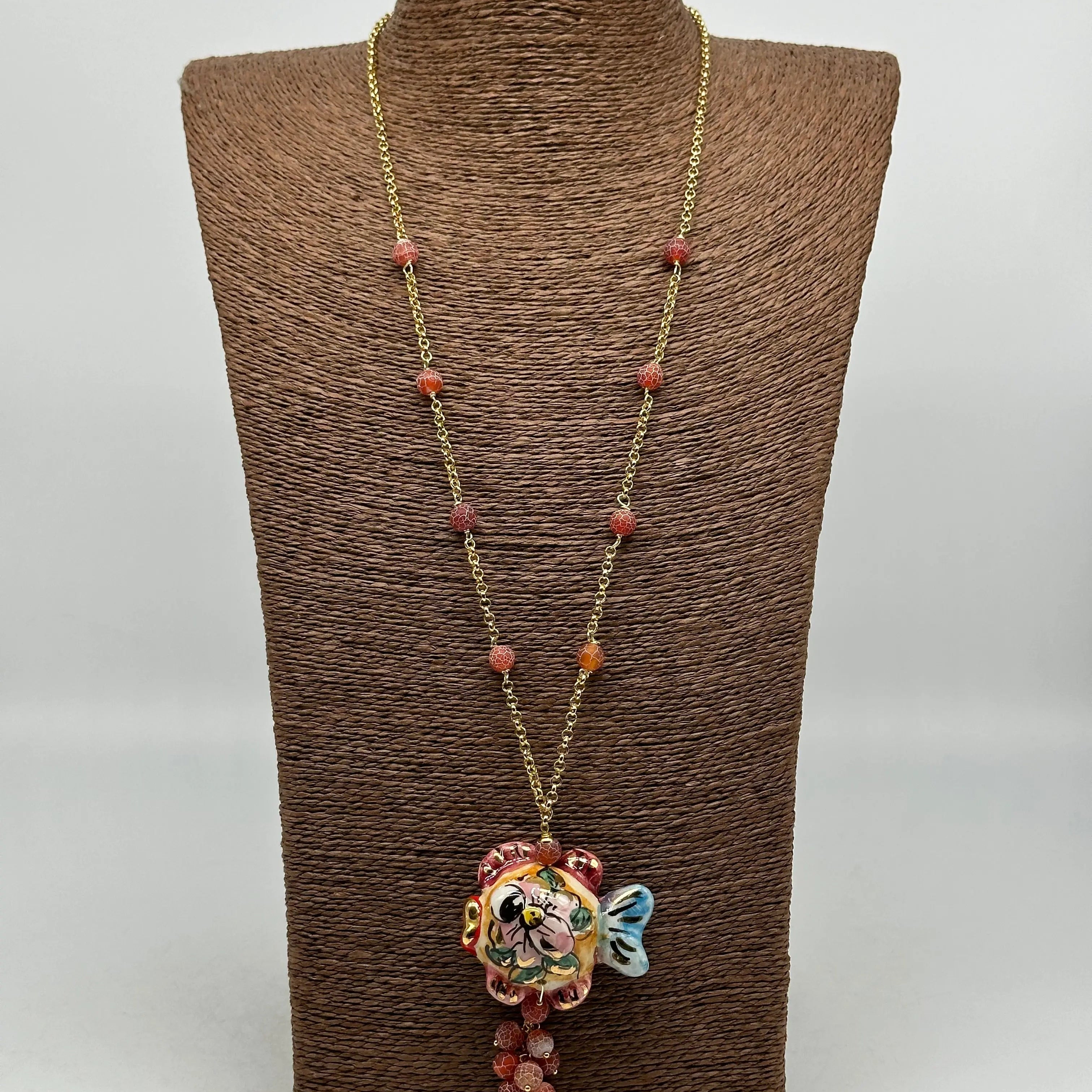 Collana Pesce in Ceramica di Caltagirone, pietre, catena dorata V.1 DD CERAMICHE SICILIANE