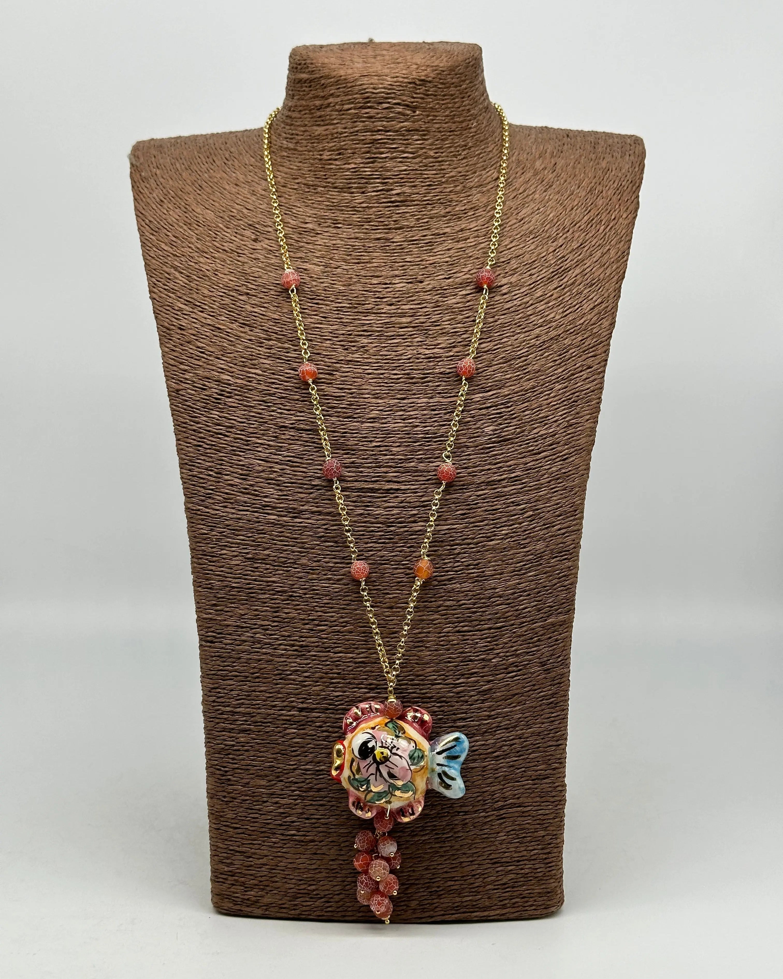Collana Pesce in Ceramica di Caltagirone, pietre, catena dorata V.1 DD CERAMICHE SICILIANE