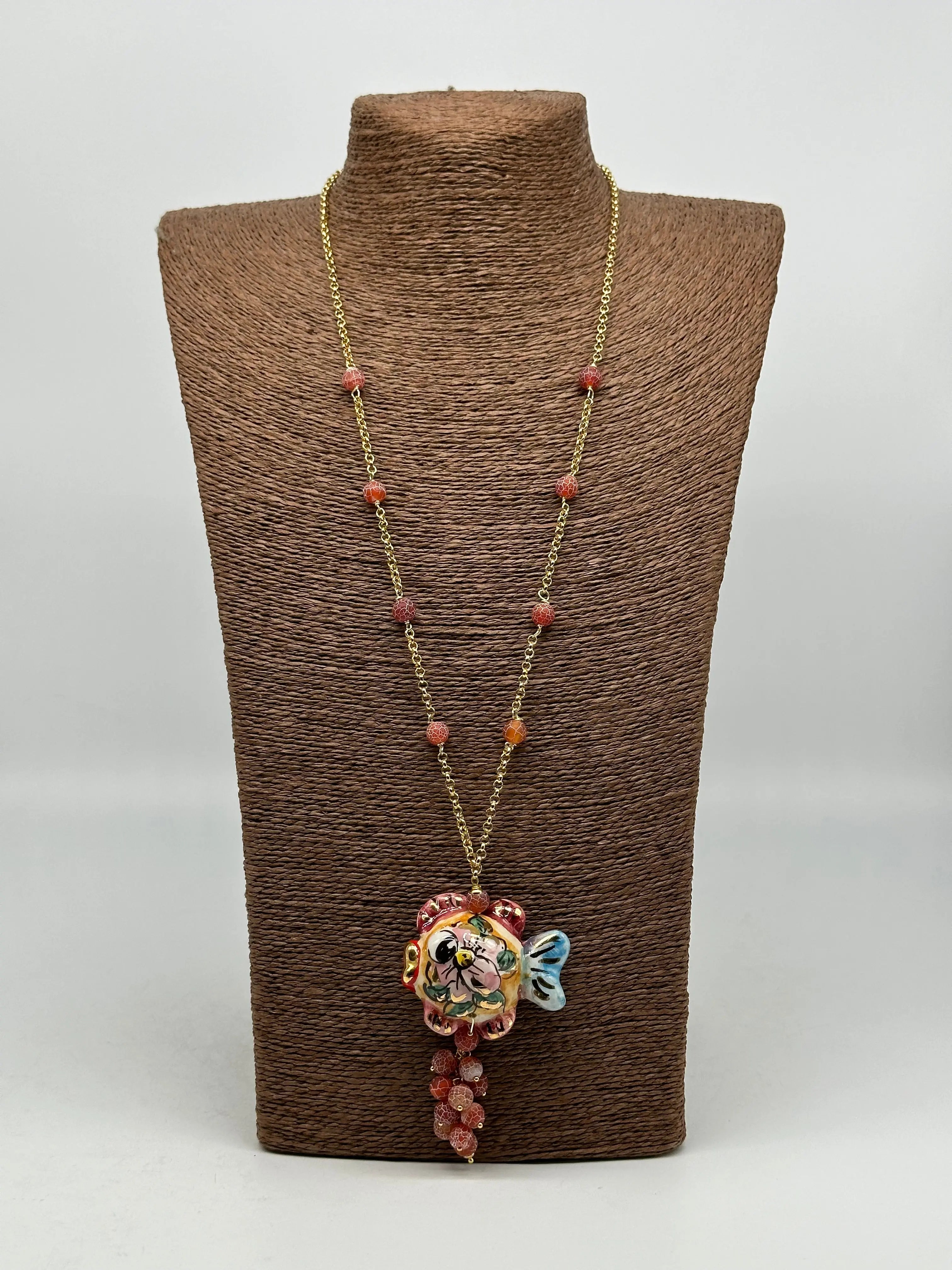 Collana Pesce in Ceramica di Caltagirone, pietre, catena dorata V.1 DD CERAMICHE SICILIANE