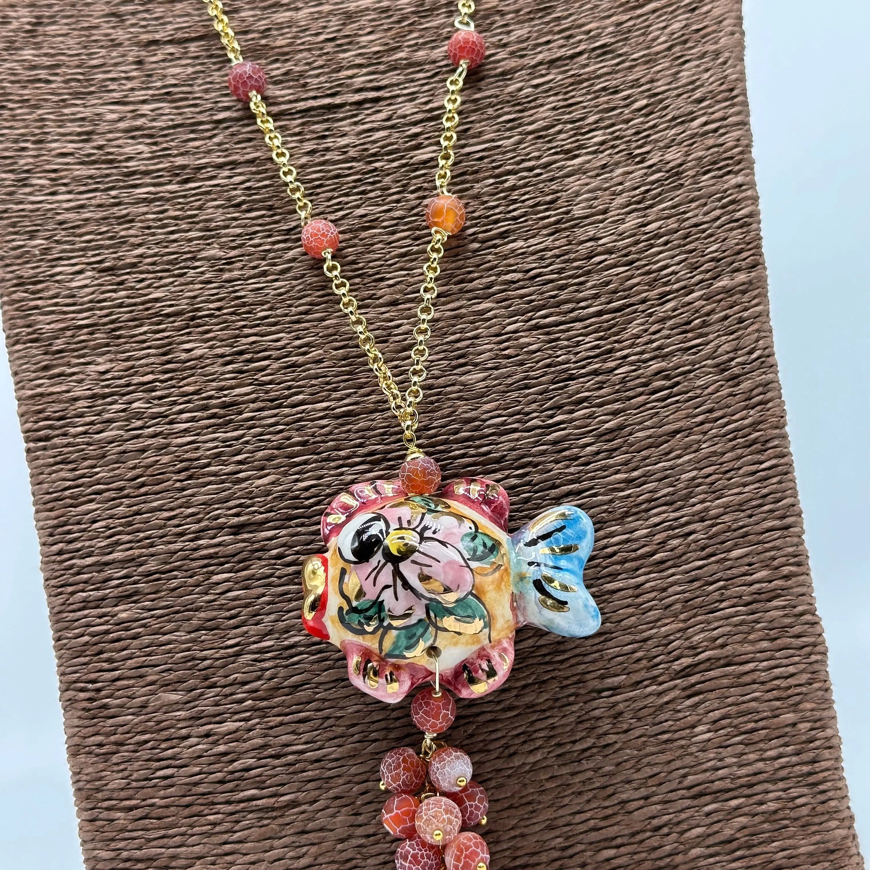 Collana Pesce in Ceramica di Caltagirone, pietre, catena dorata V.1 DD CERAMICHE SICILIANE