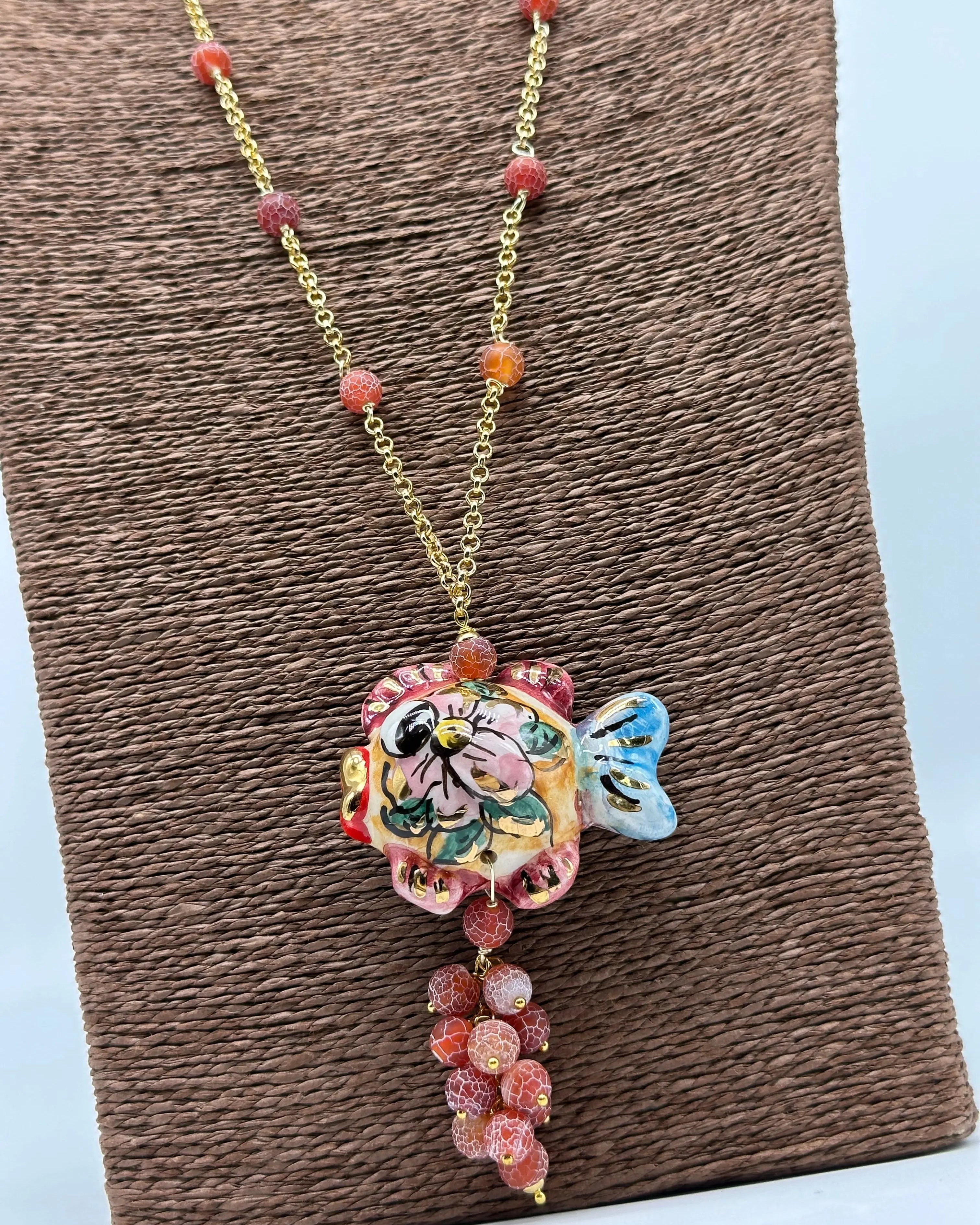 Collana Pesce in Ceramica di Caltagirone, pietre, catena dorata V.1 DD CERAMICHE SICILIANE