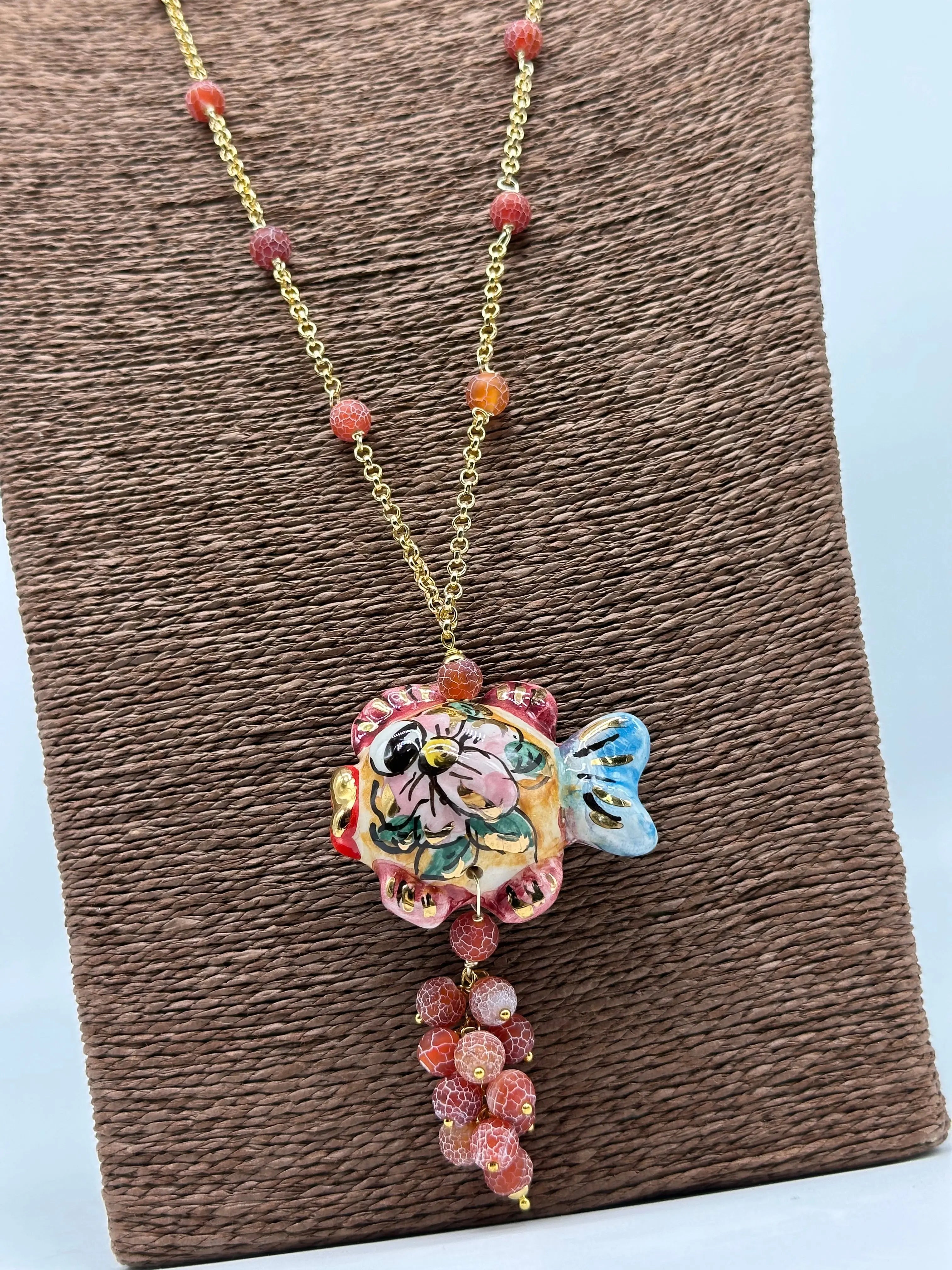 Collana Pesce in Ceramica di Caltagirone, pietre, catena dorata V.1 DD CERAMICHE SICILIANE