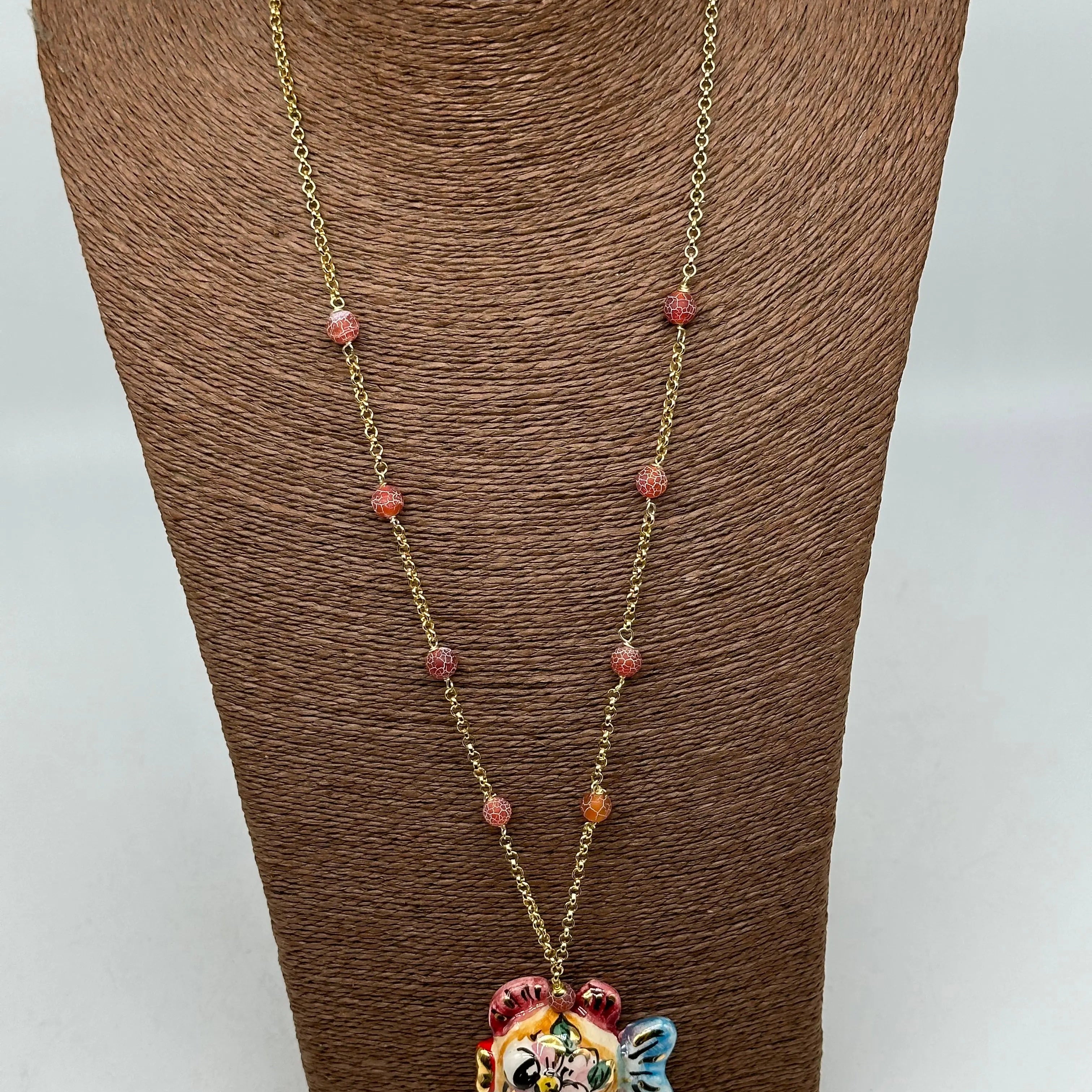 Collana Pesce in Ceramica di Caltagirone, pietre, catena dorata V.1 DD CERAMICHE SICILIANE