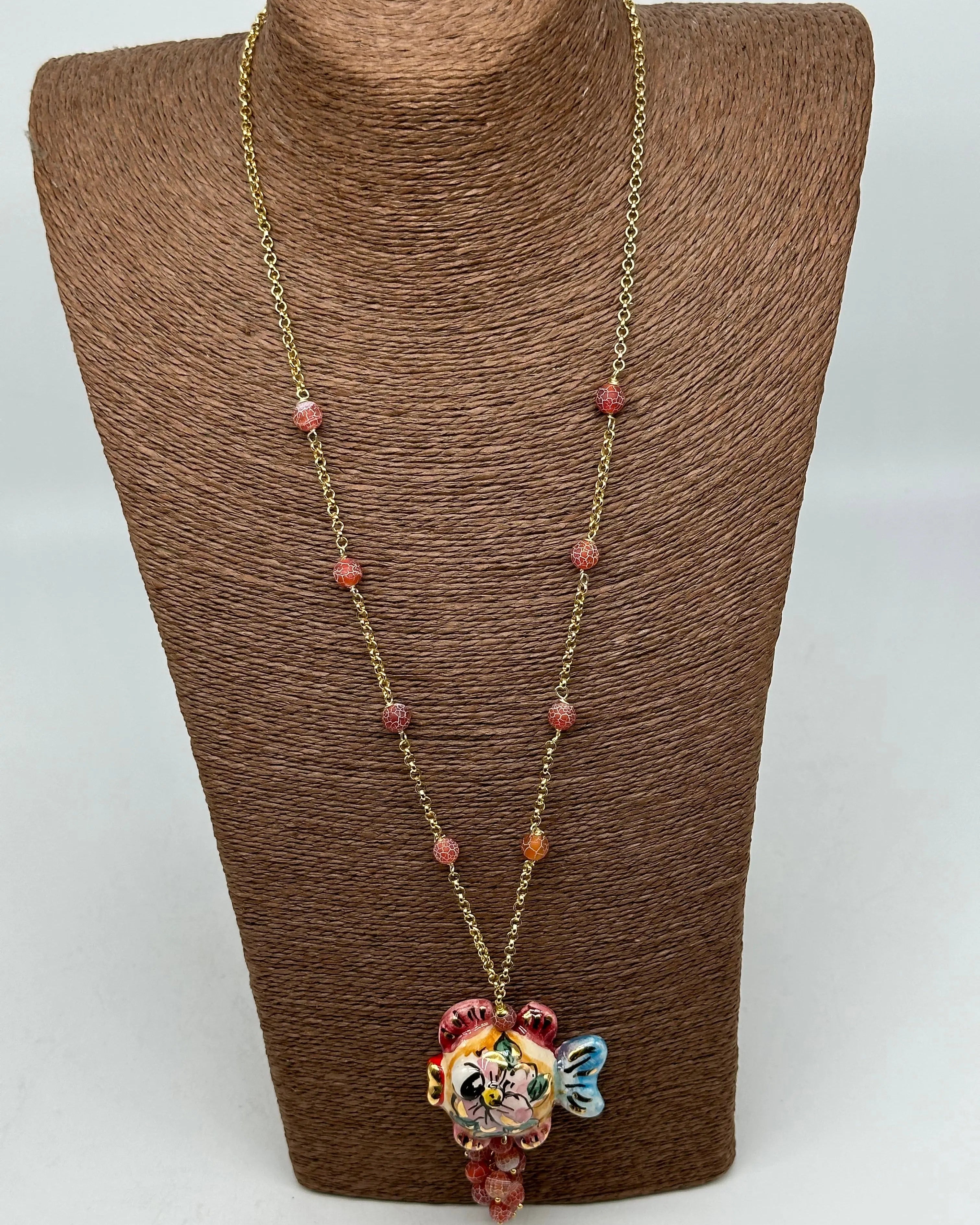 Collana Pesce in Ceramica di Caltagirone, pietre, catena dorata V.1 DD CERAMICHE SICILIANE