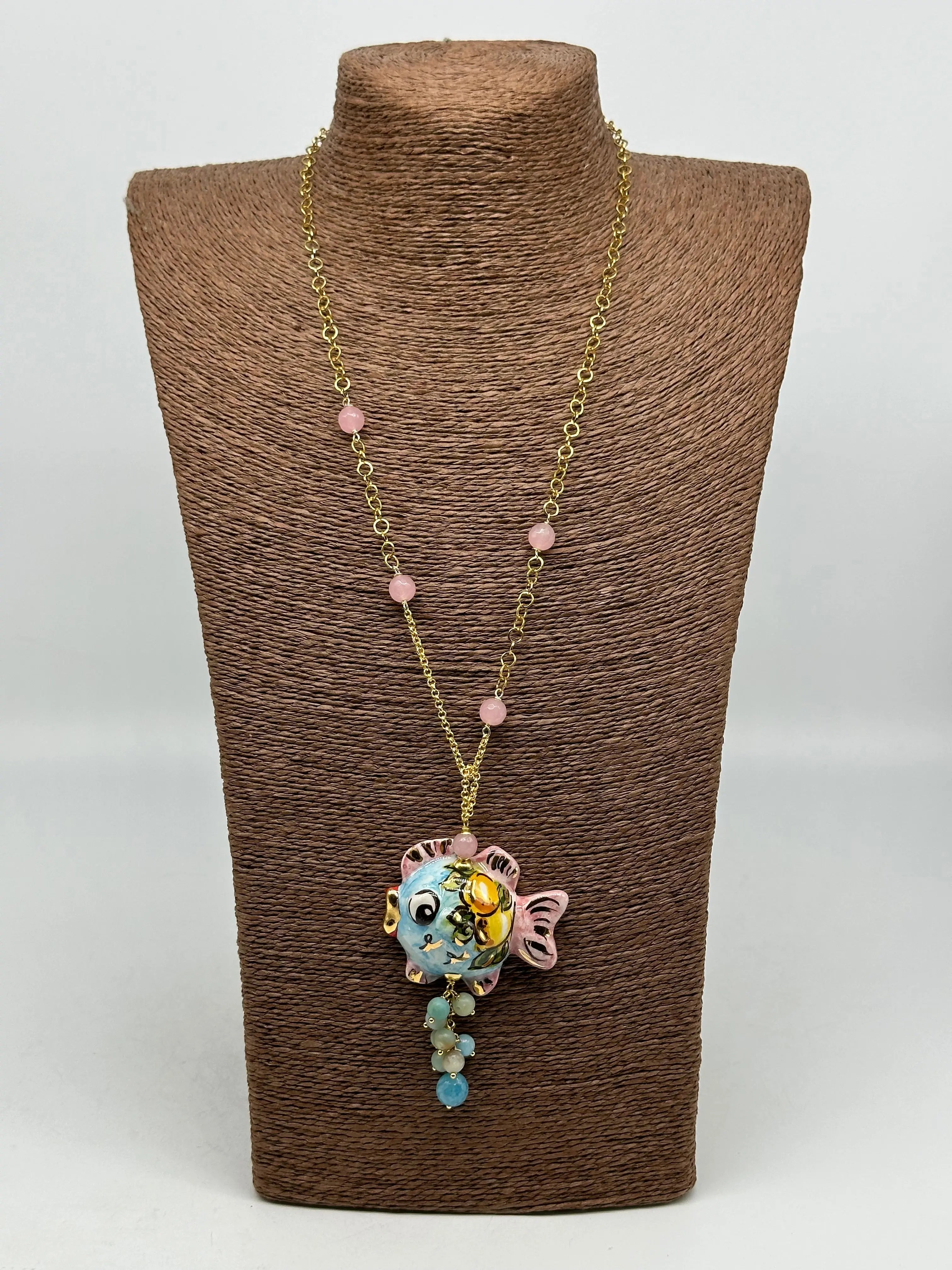 Collana Pesce in Ceramica di Caltagirone, pietre, catena dorata V.2 DD CERAMICHE SICILIANE