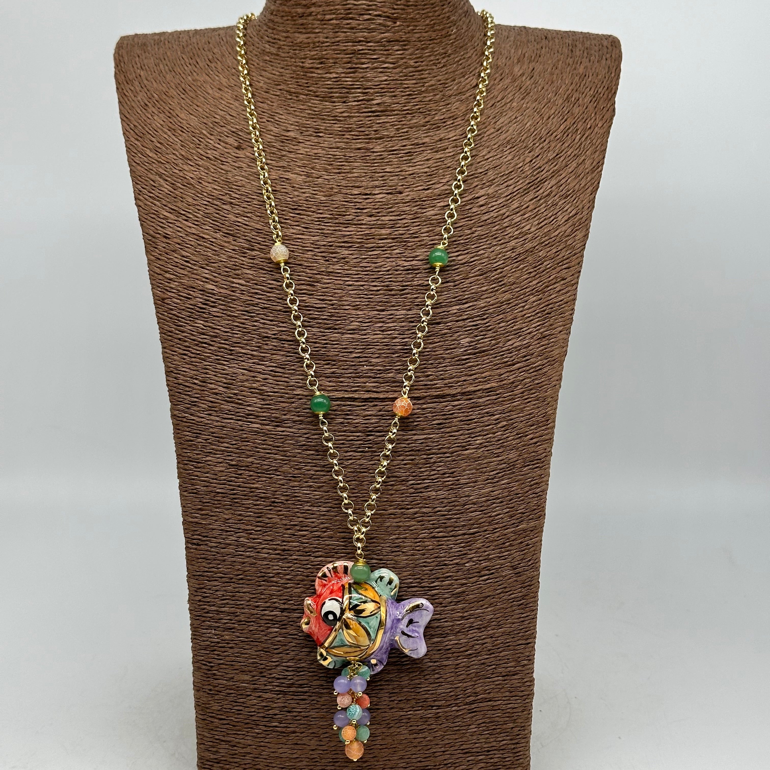 Collana Pesce in Ceramica di Caltagirone pietre catena dorata V.3 - COLLANA