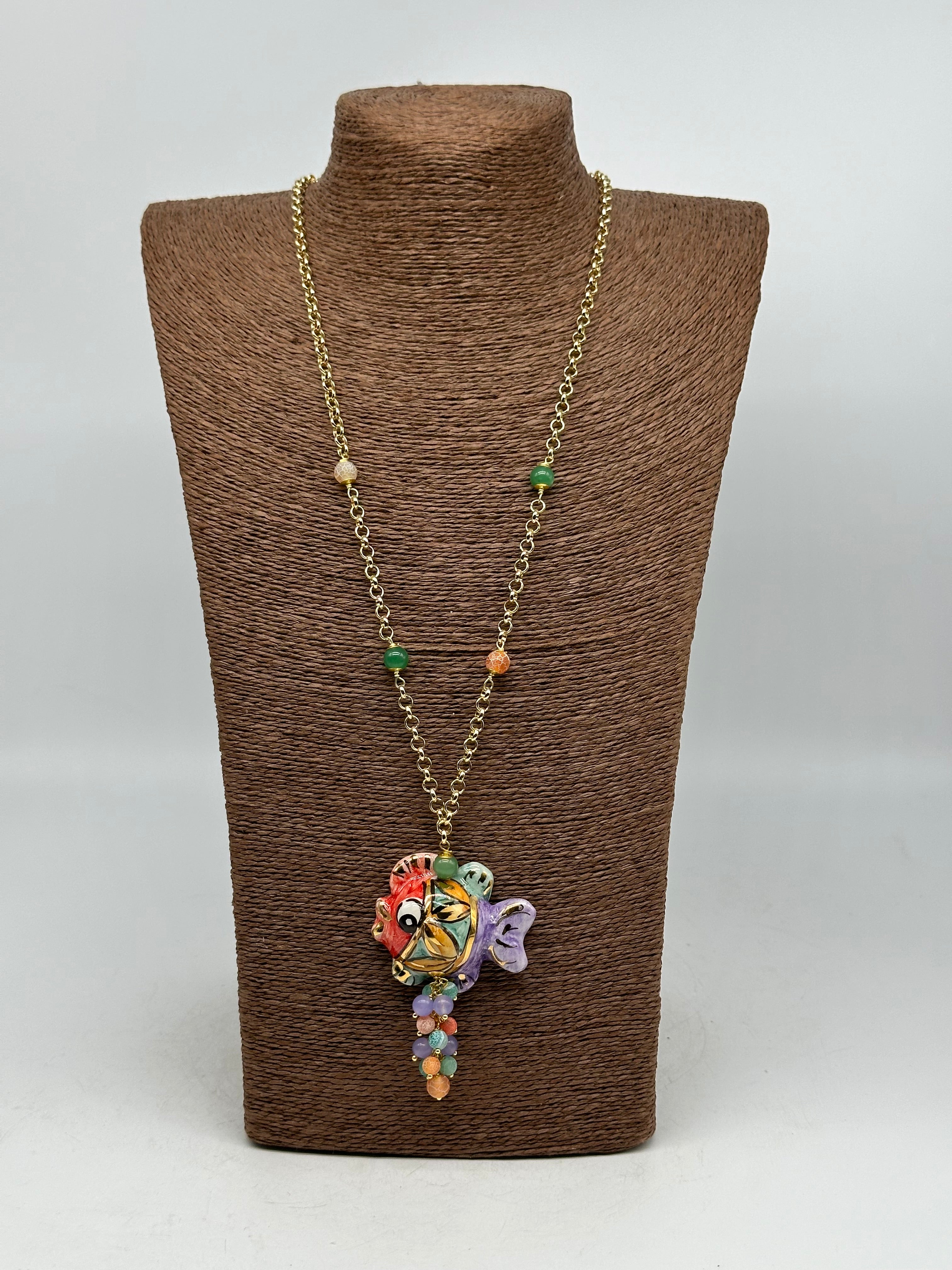 Collana Pesce in Ceramica di Caltagirone pietre catena dorata V.3 - COLLANA