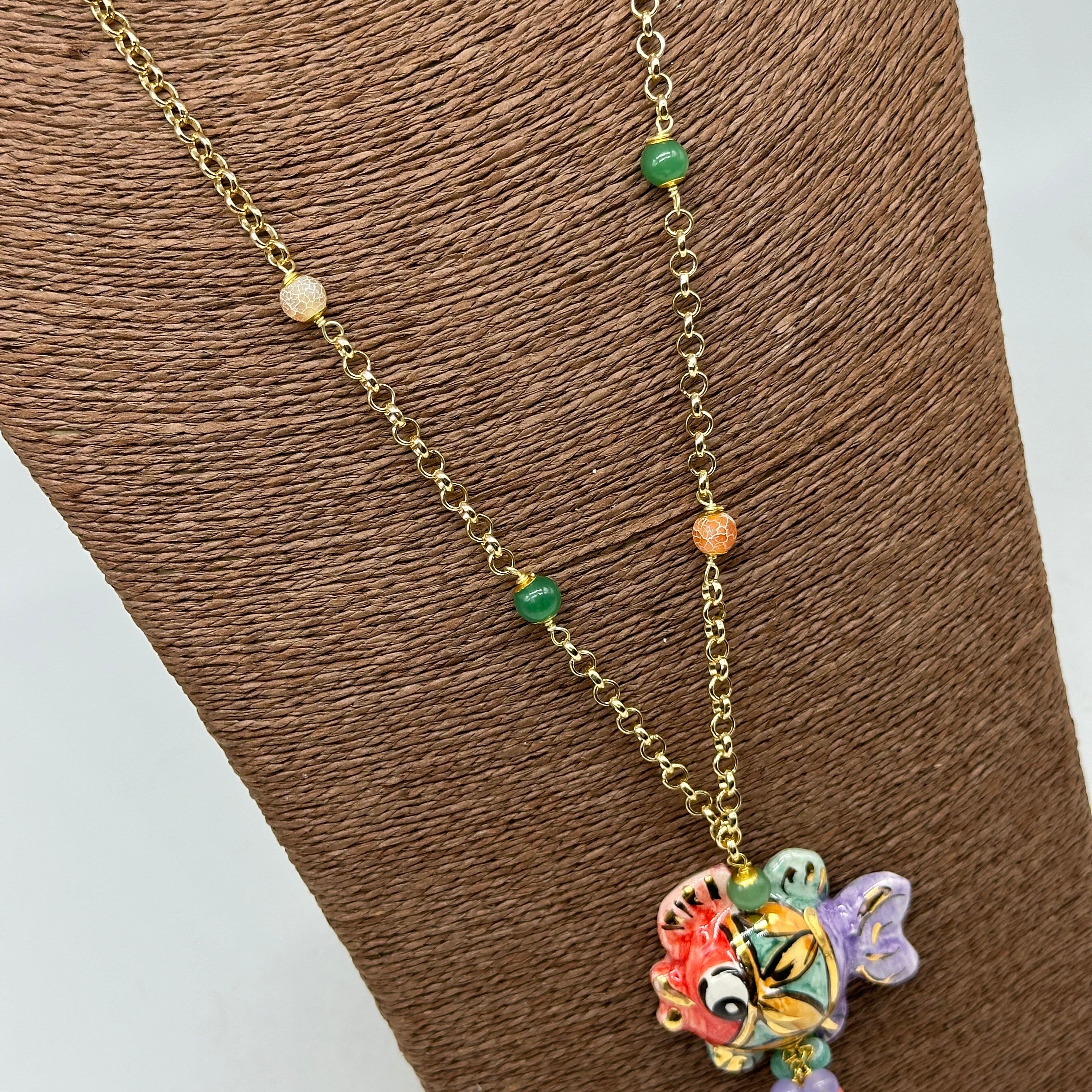 Collana Pesce in Ceramica di Caltagirone pietre catena dorata V.3 - COLLANA