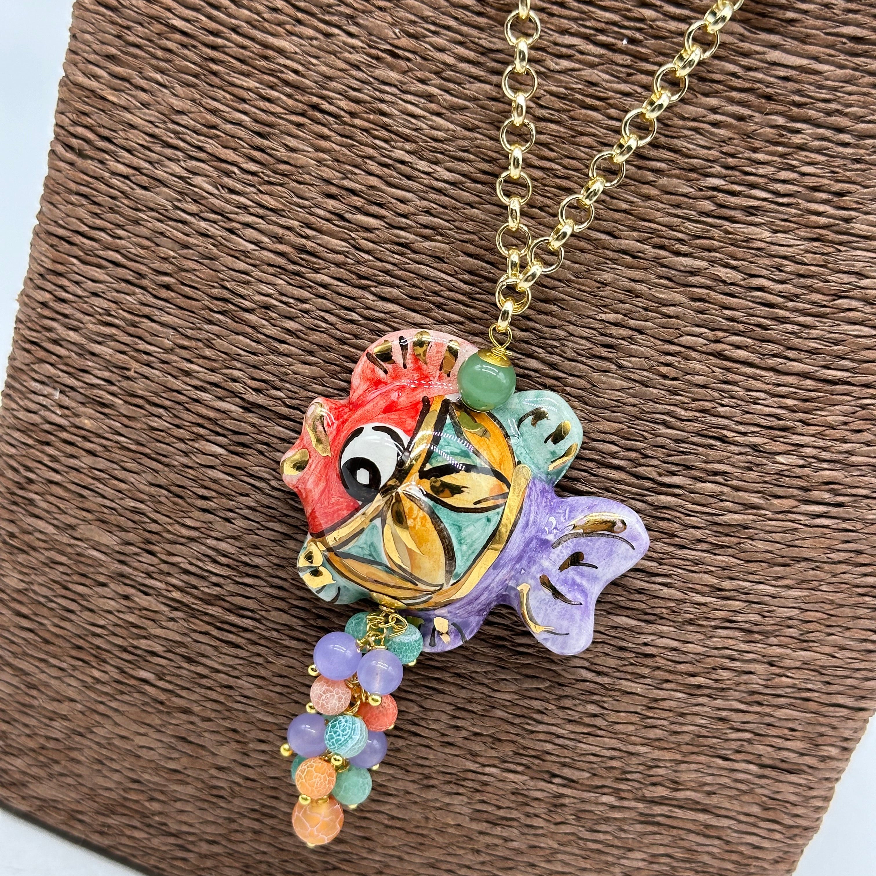 Collana Pesce in Ceramica di Caltagirone pietre catena dorata V.3 - COLLANA