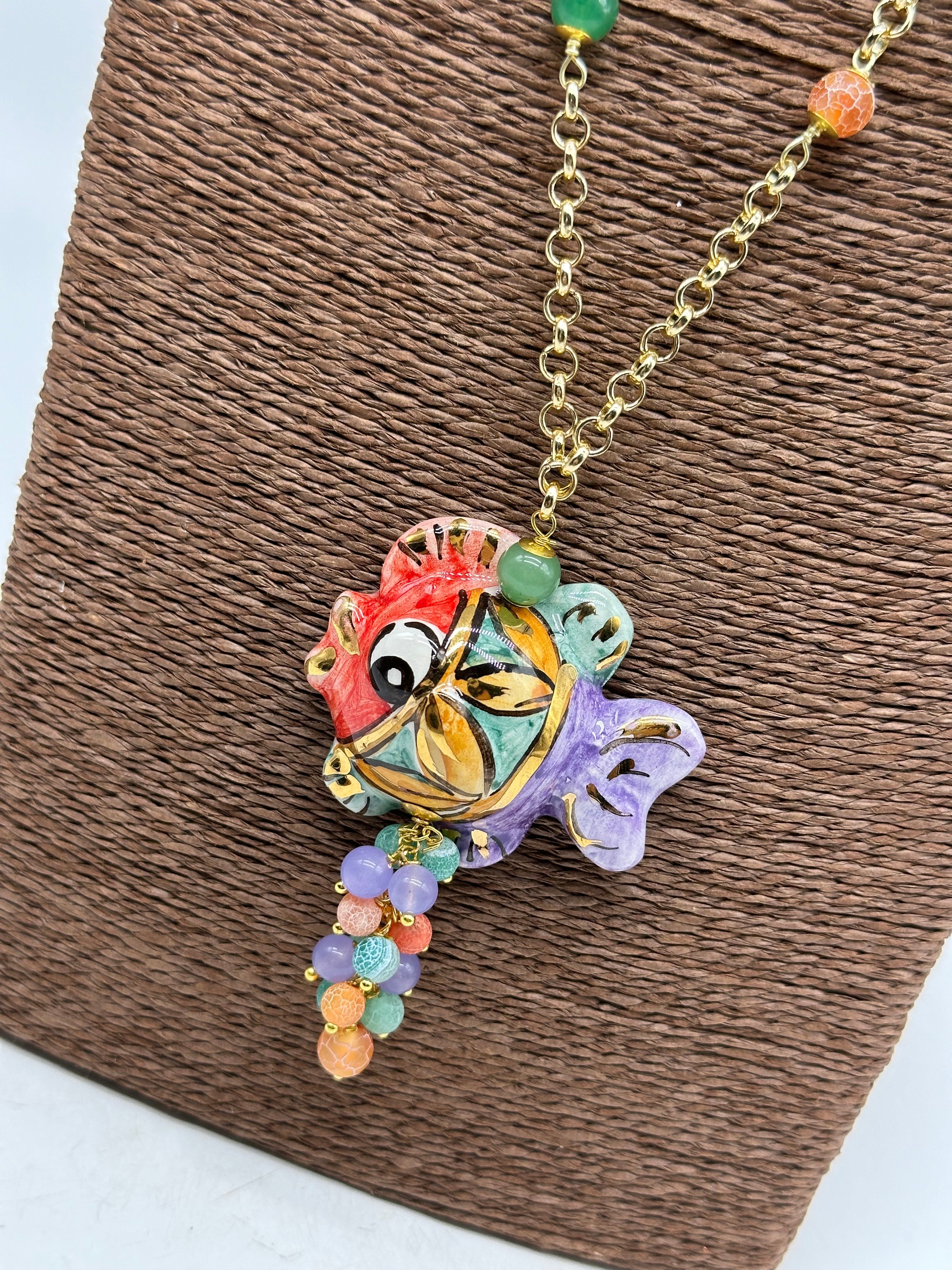 Collana Pesce in Ceramica di Caltagirone pietre catena dorata V.3 - COLLANA