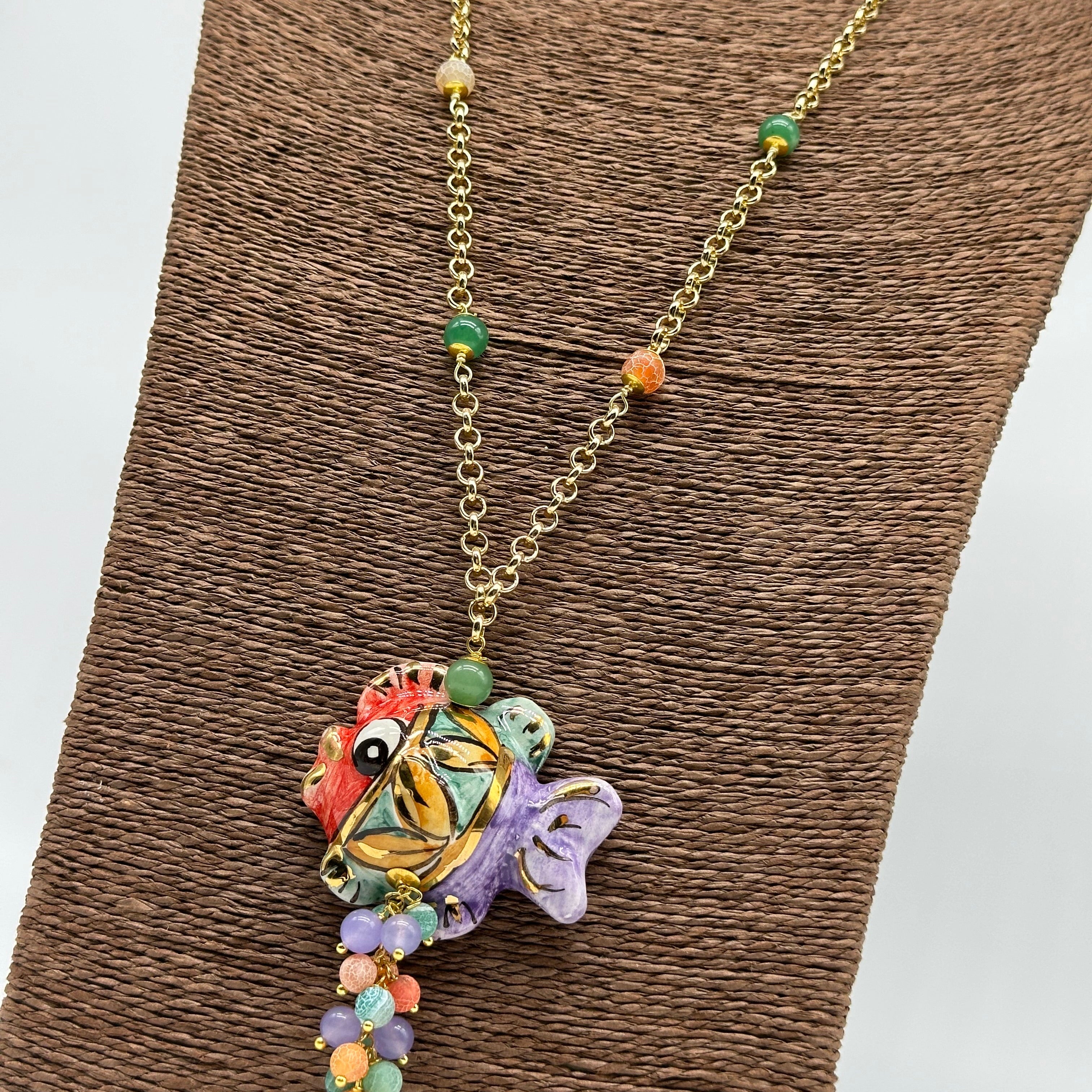 Collana Pesce in Ceramica di Caltagirone pietre catena dorata V.3 - COLLANA