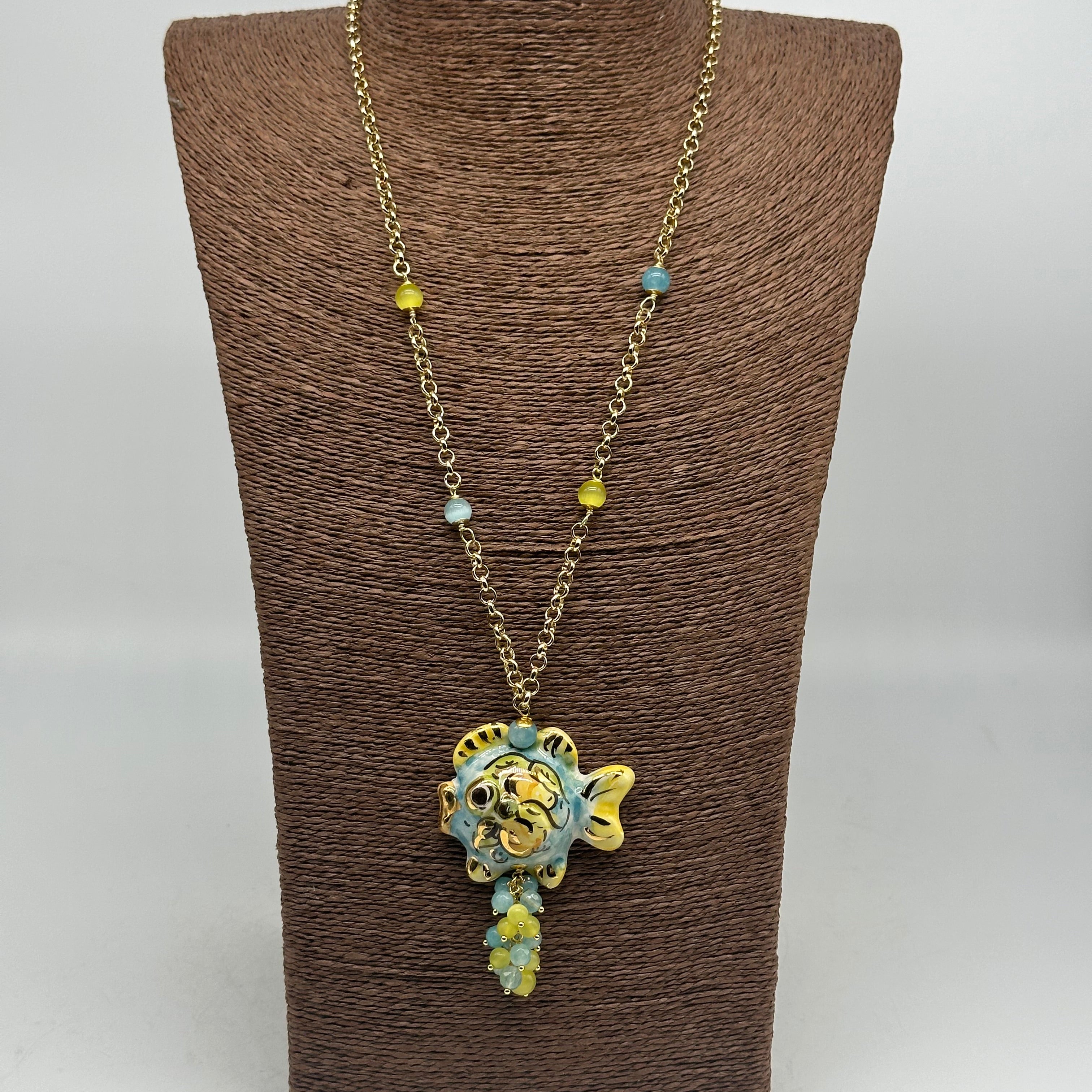 Collana Pesce in Ceramica di Caltagirone pietre catena dorata V.4 - COLLANA