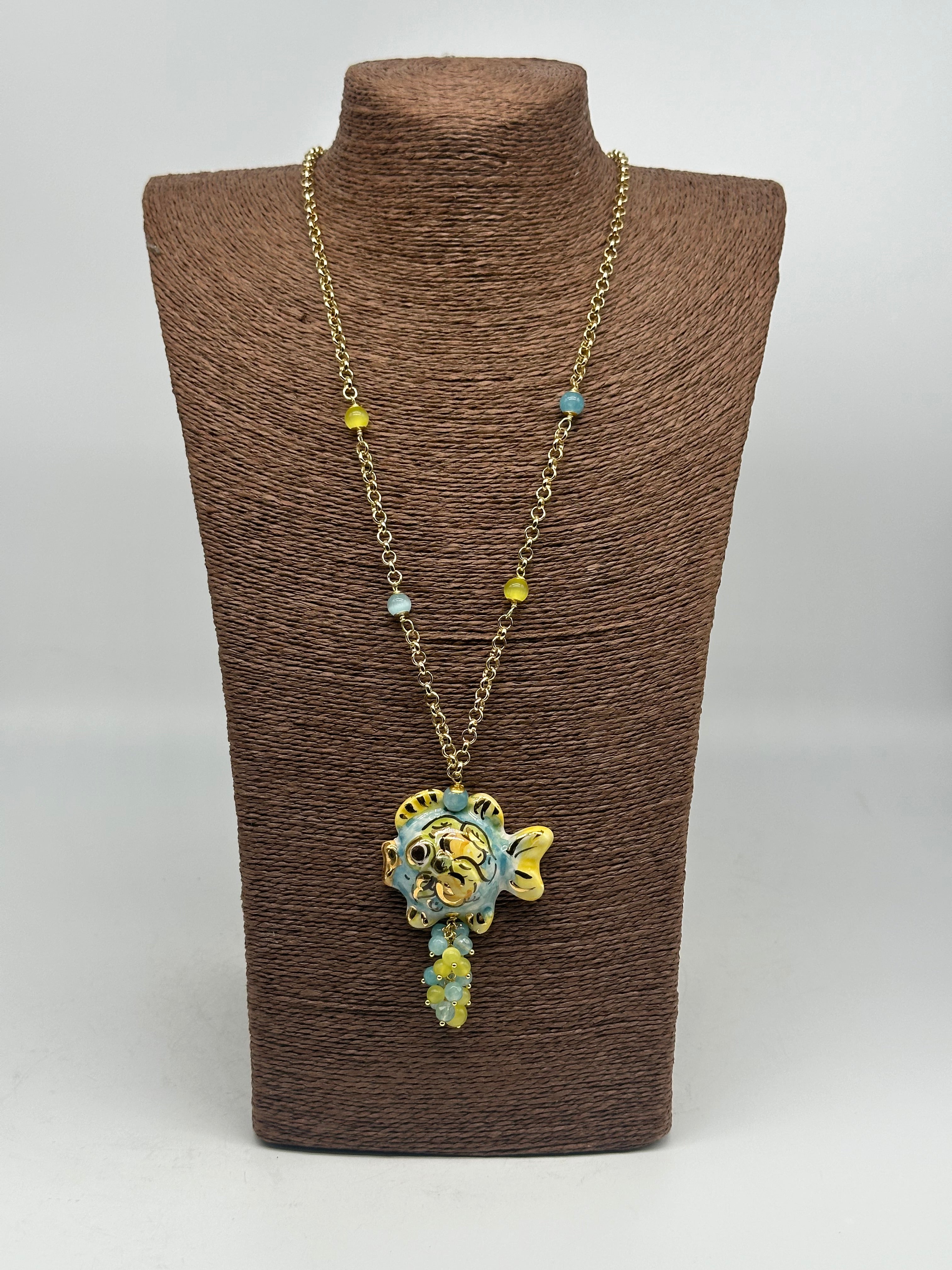 Collana Pesce in Ceramica di Caltagirone pietre catena dorata V.4 - COLLANA