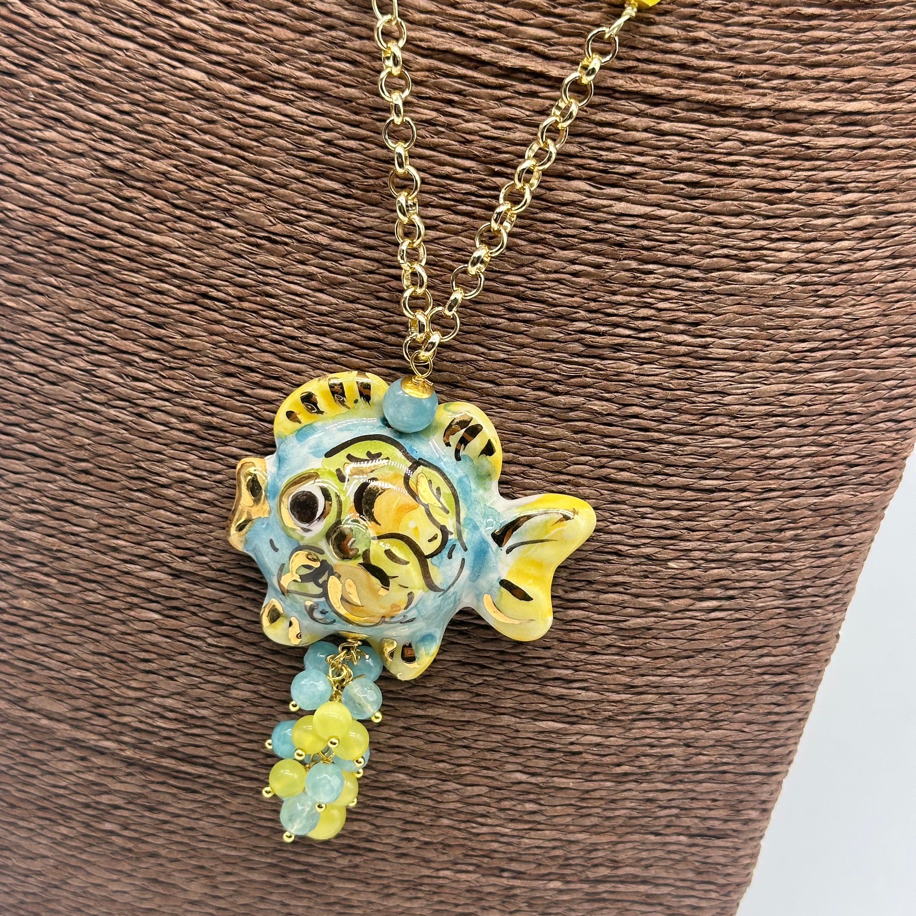 Collana Pesce in Ceramica di Caltagirone pietre catena dorata V.4 - COLLANA