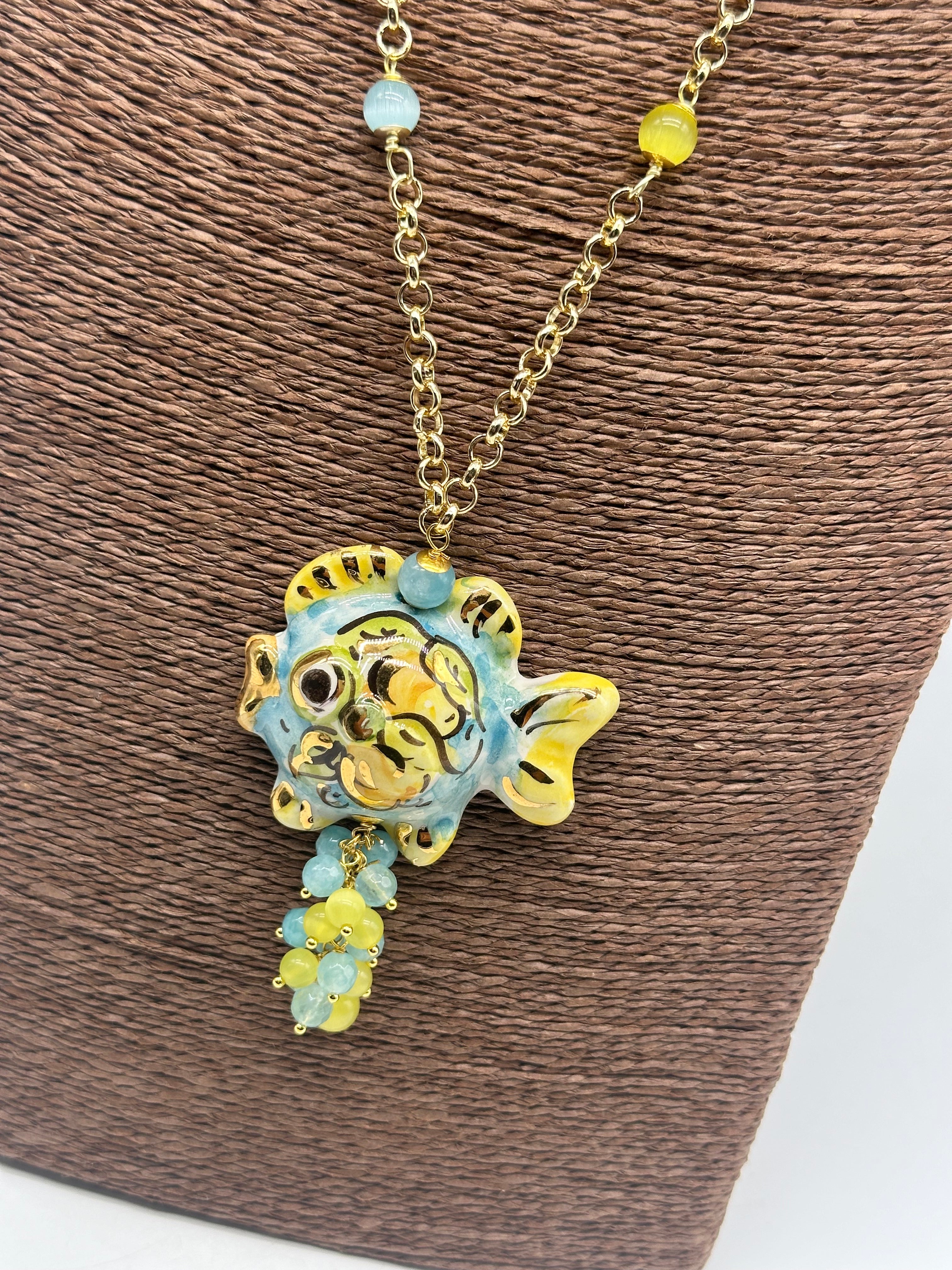 Collana Pesce in Ceramica di Caltagirone pietre catena dorata V.4 - COLLANA