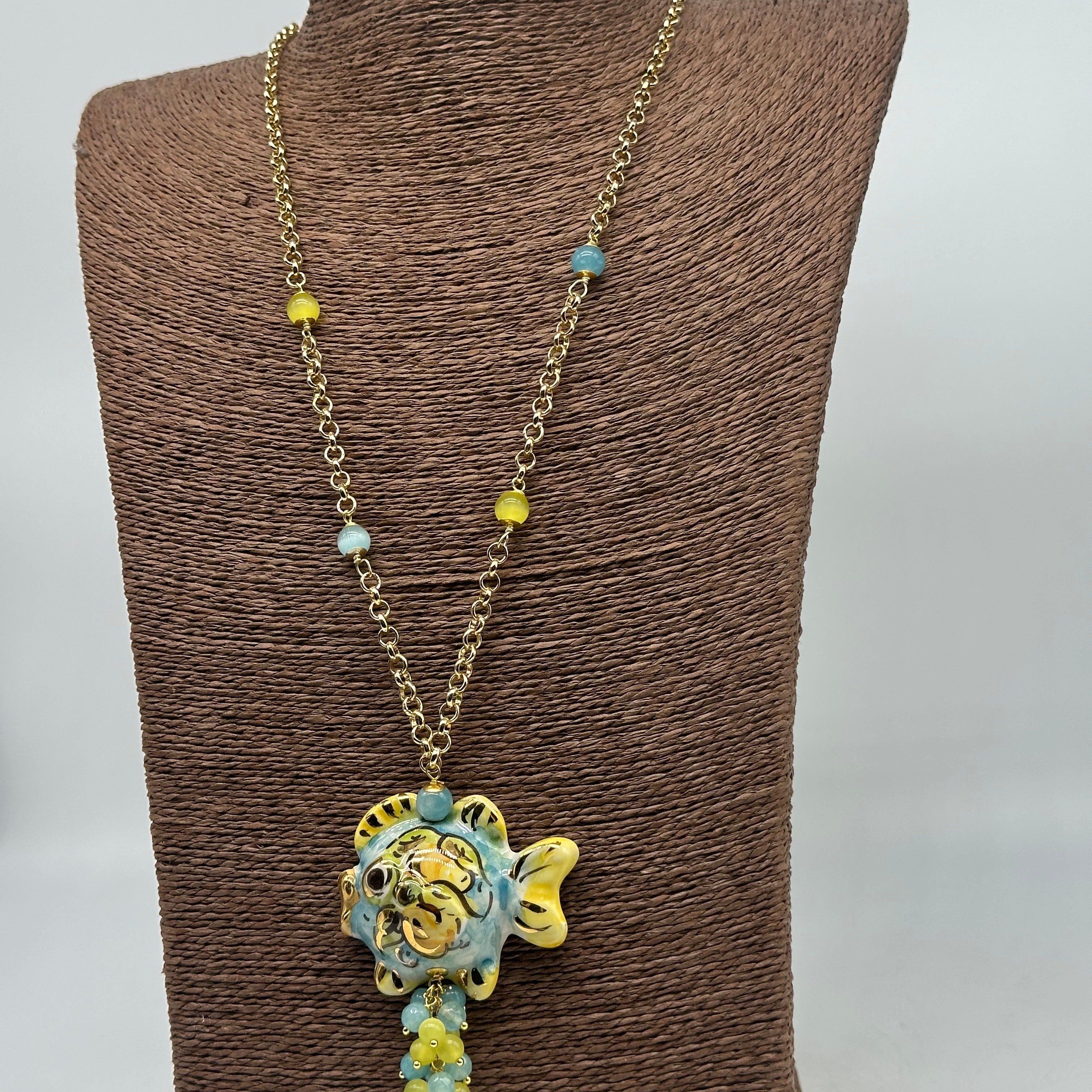 Collana Pesce in Ceramica di Caltagirone pietre catena dorata V.4 - COLLANA