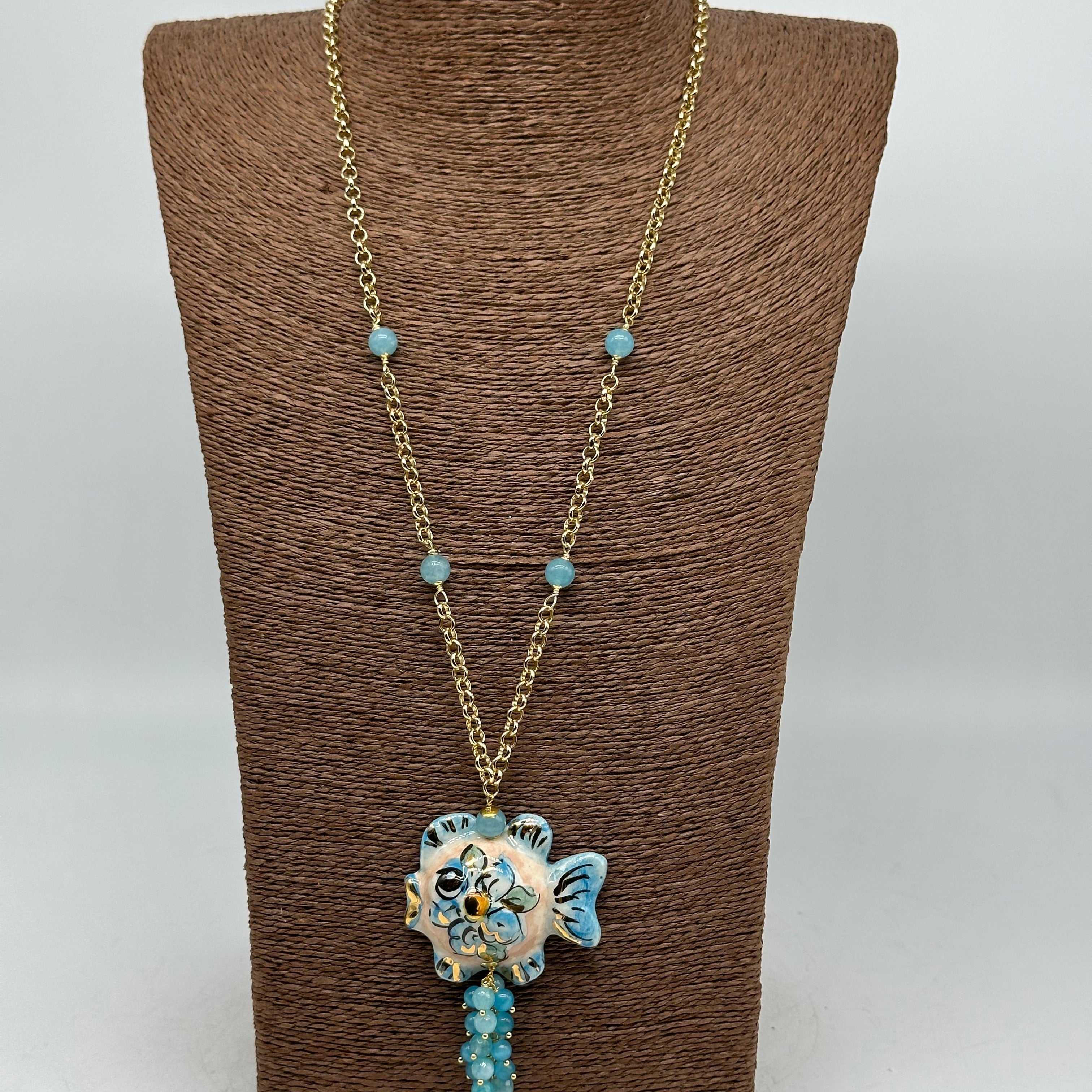 Collana Pesce in Ceramica di Caltagirone pietre catena dorata V.5 - COLLANA
