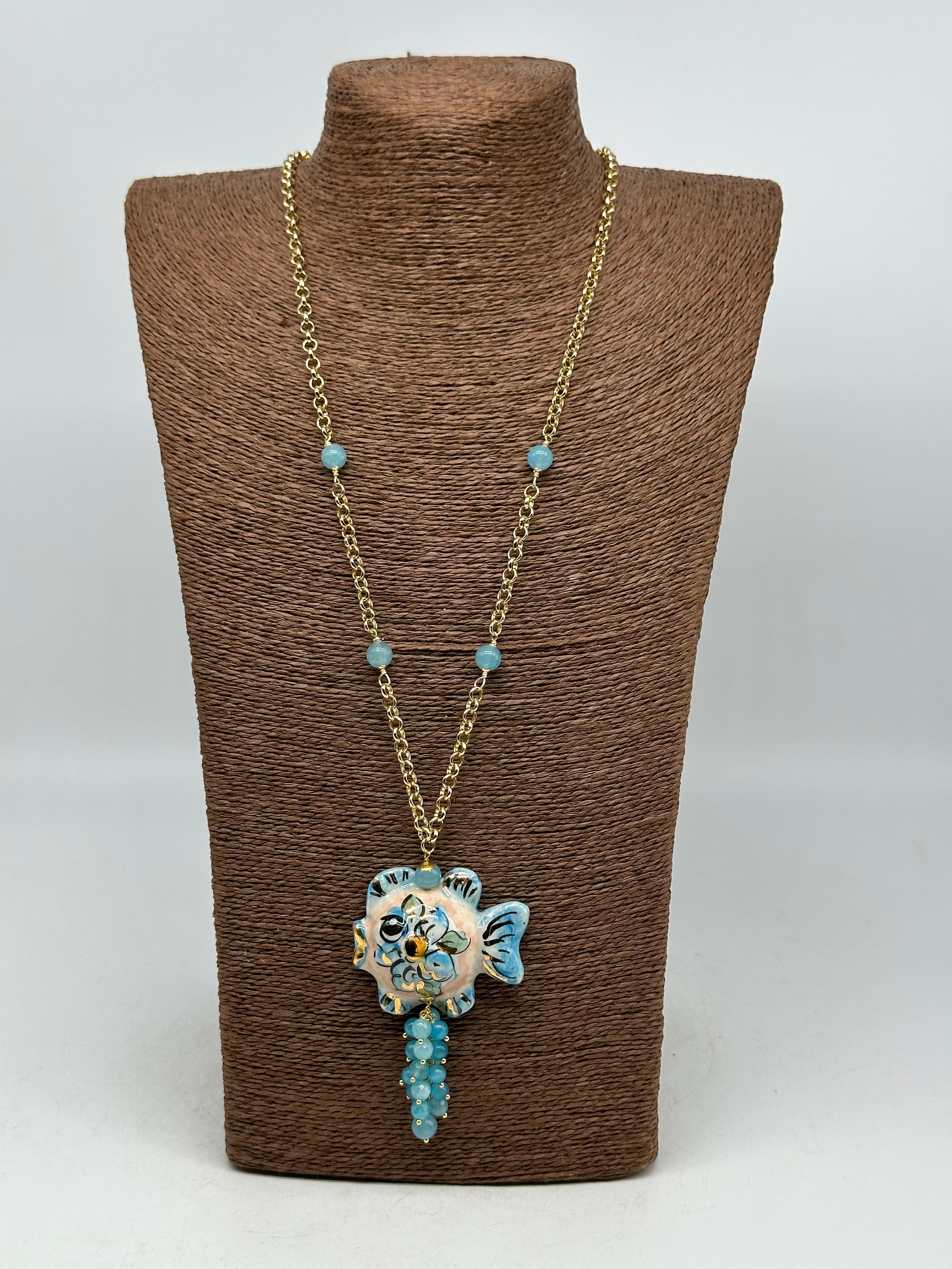 Collana Pesce in Ceramica di Caltagirone pietre catena dorata V.5 - COLLANA