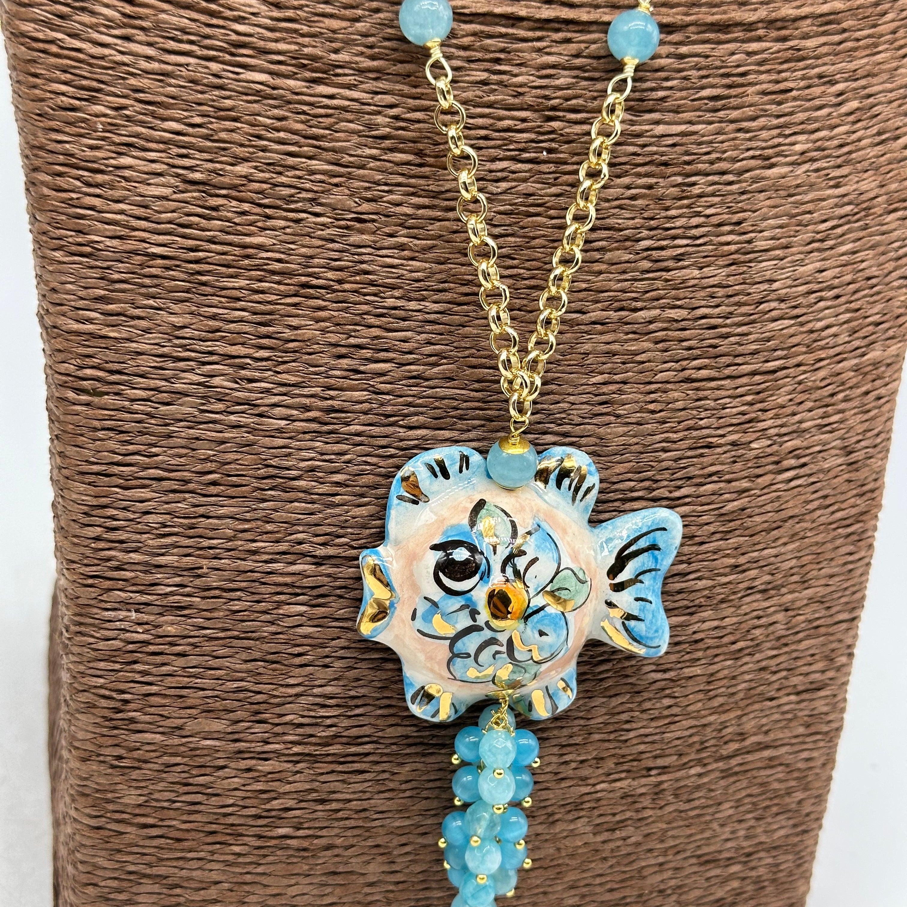 Collana Pesce in Ceramica di Caltagirone pietre catena dorata V.5 - COLLANA