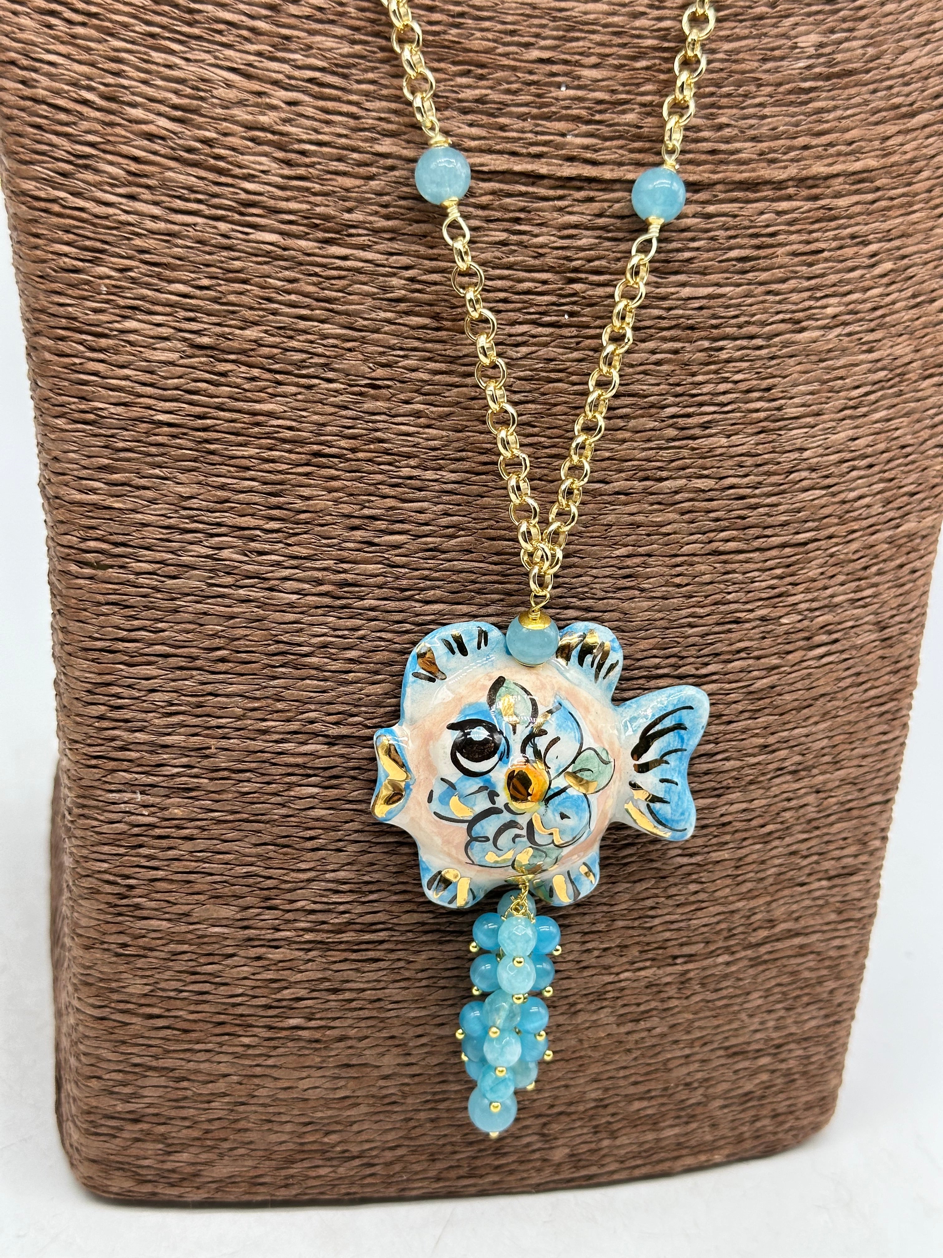 Collana Pesce in Ceramica di Caltagirone pietre catena dorata V.5 - COLLANA