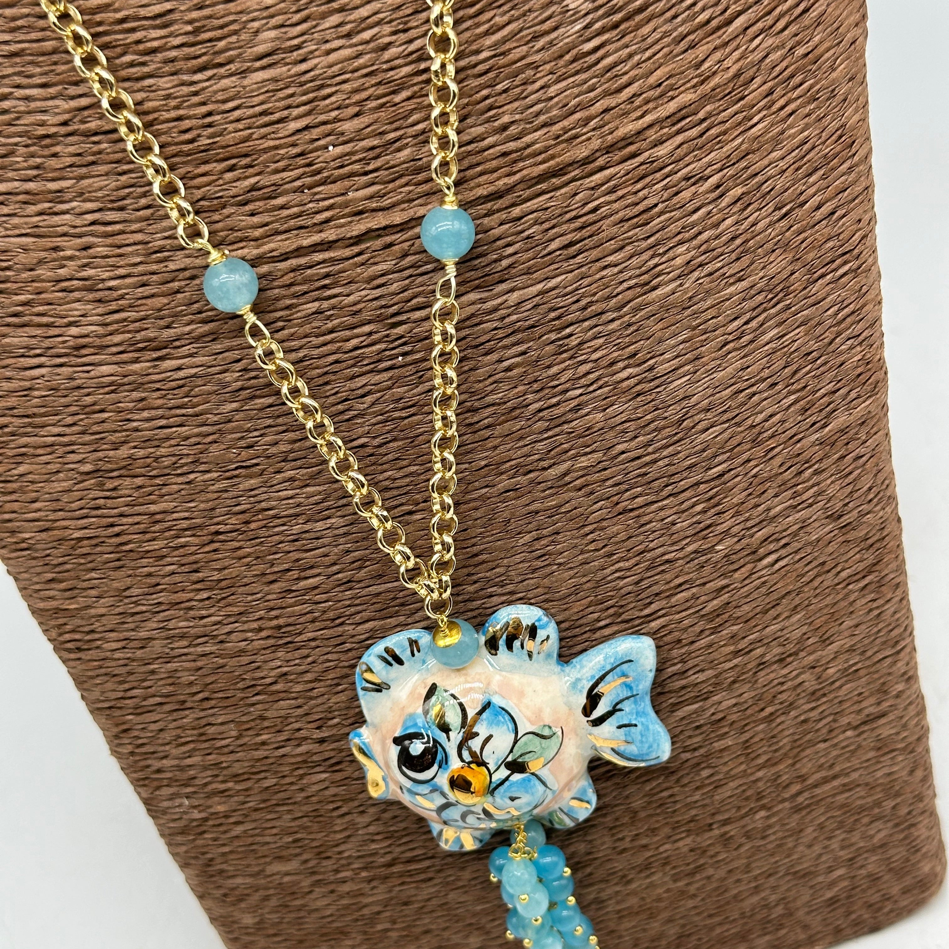 Collana Pesce in Ceramica di Caltagirone pietre catena dorata V.5 - COLLANA