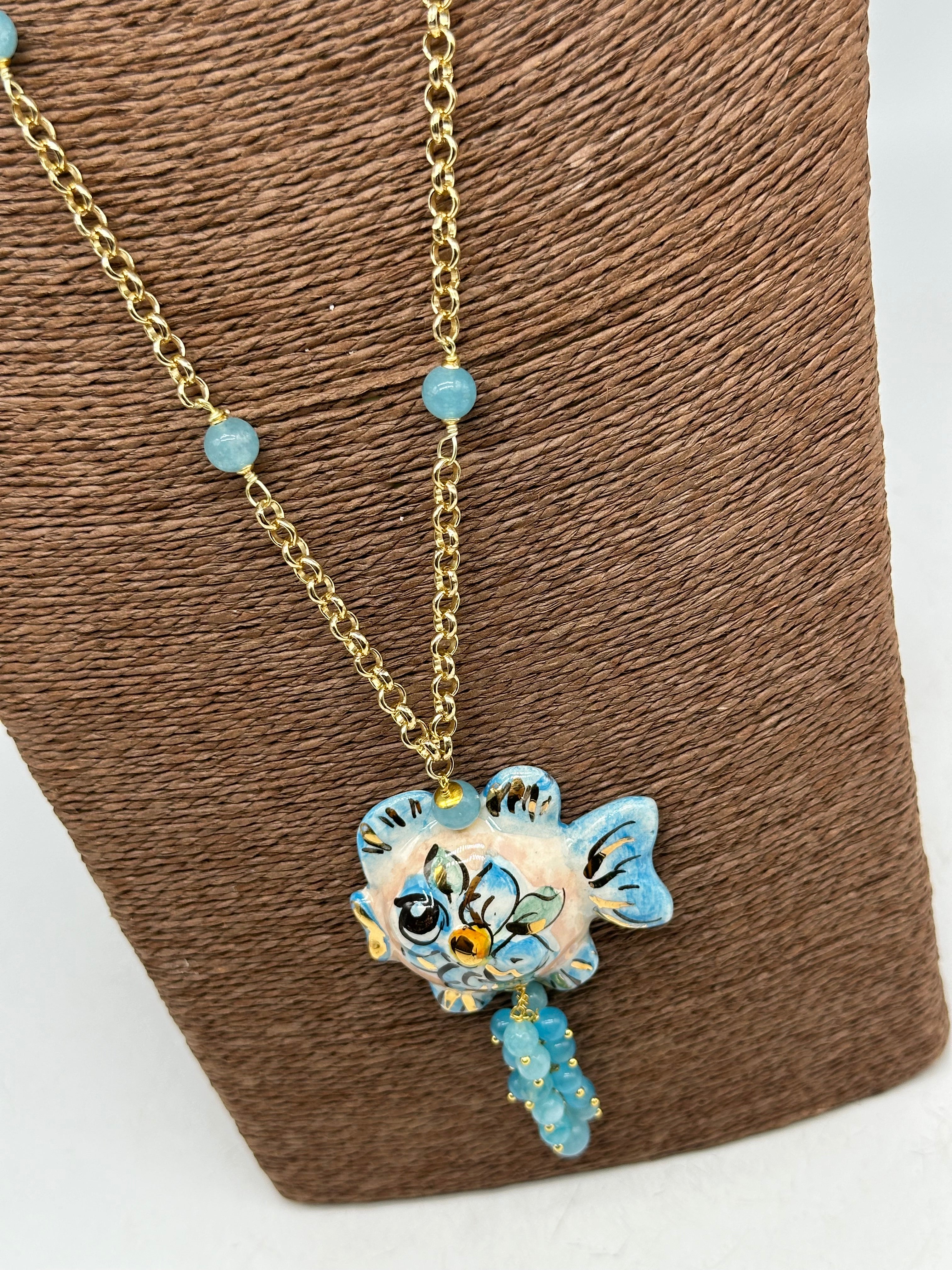 Collana Pesce in Ceramica di Caltagirone pietre catena dorata V.5 - COLLANA
