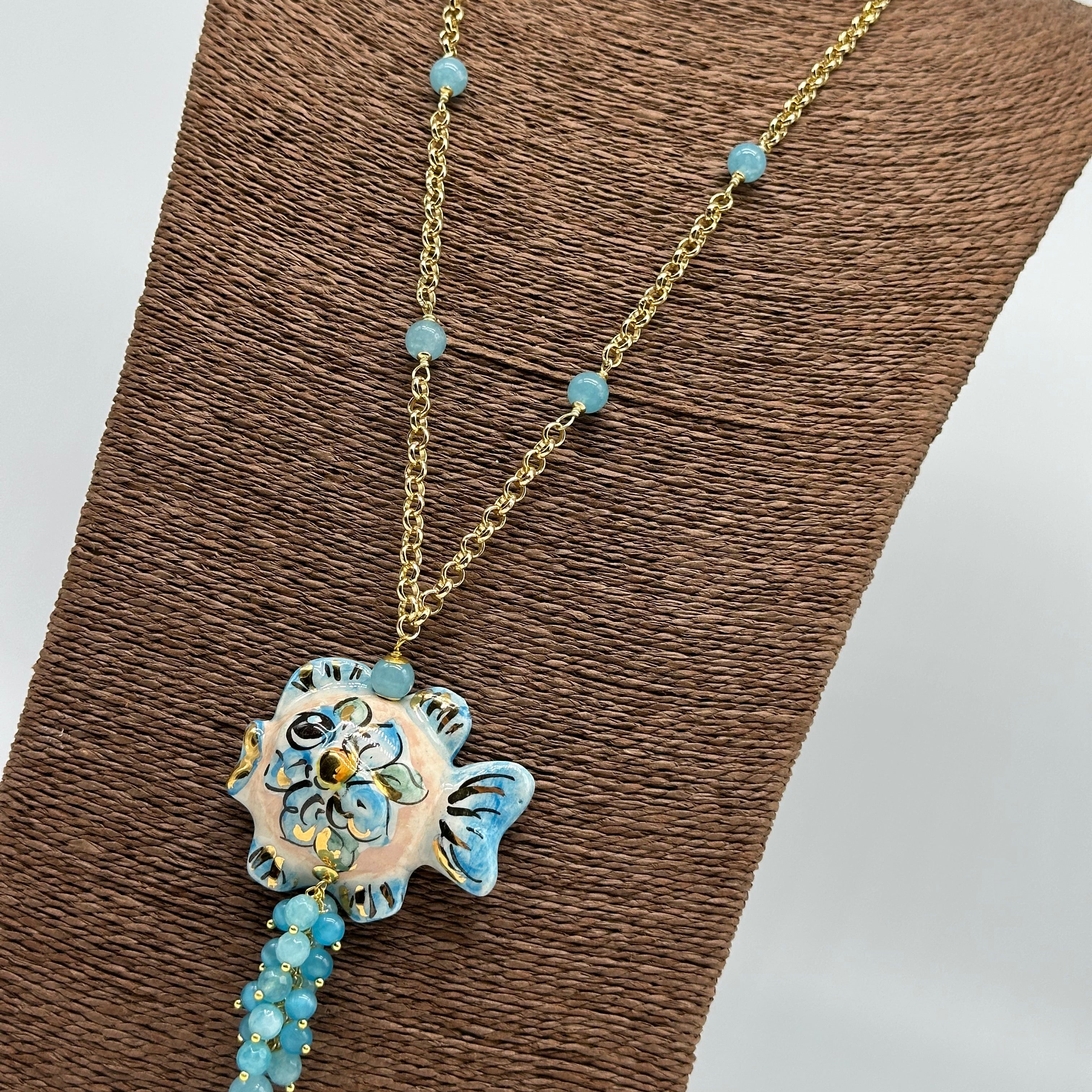 Collana Pesce in Ceramica di Caltagirone pietre catena dorata V.5 - COLLANA