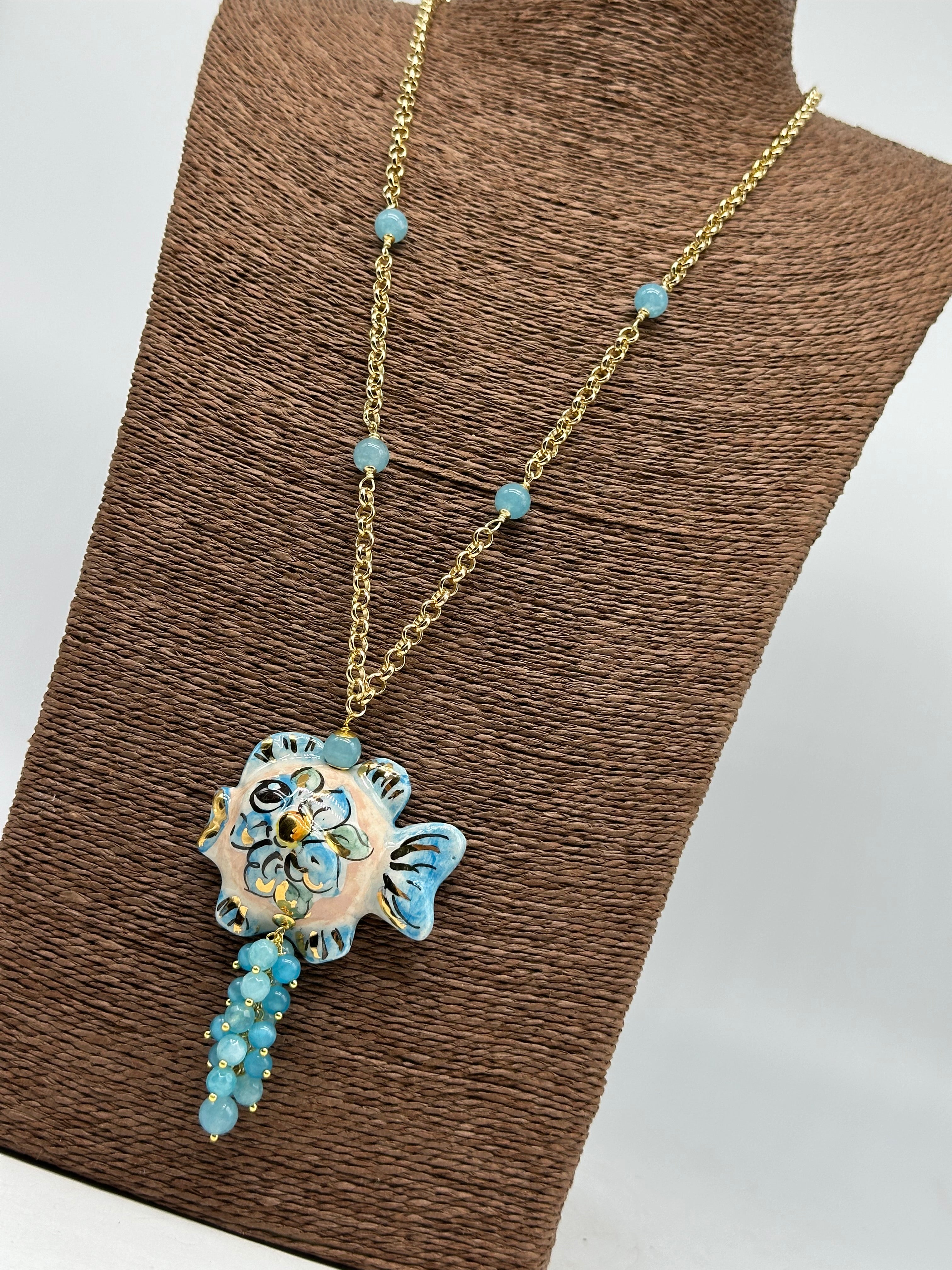 Collana Pesce in Ceramica di Caltagirone pietre catena dorata V.5 - COLLANA