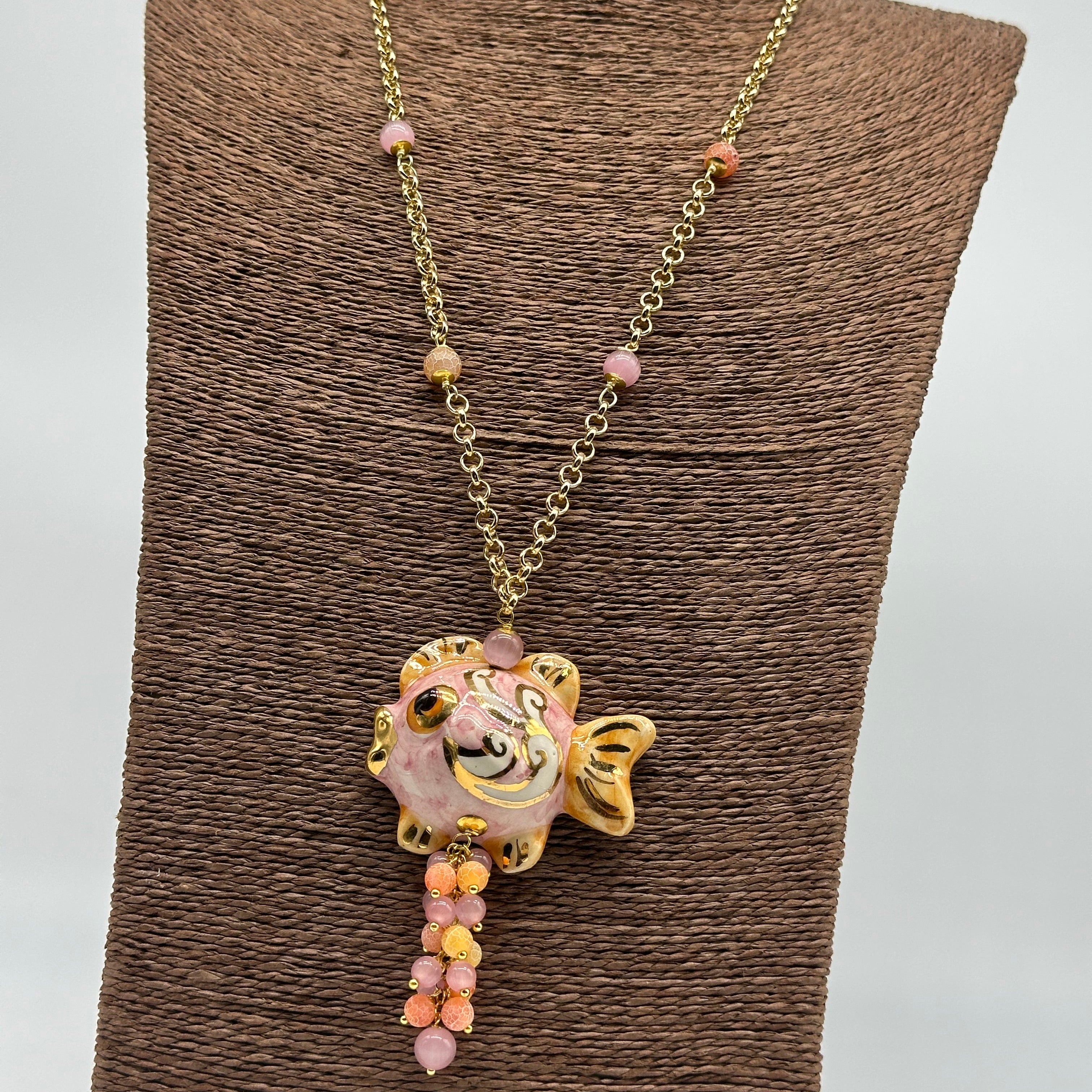 Collana Pesce in Ceramica di Caltagirone pietre catena dorata V.6 - COLLANA