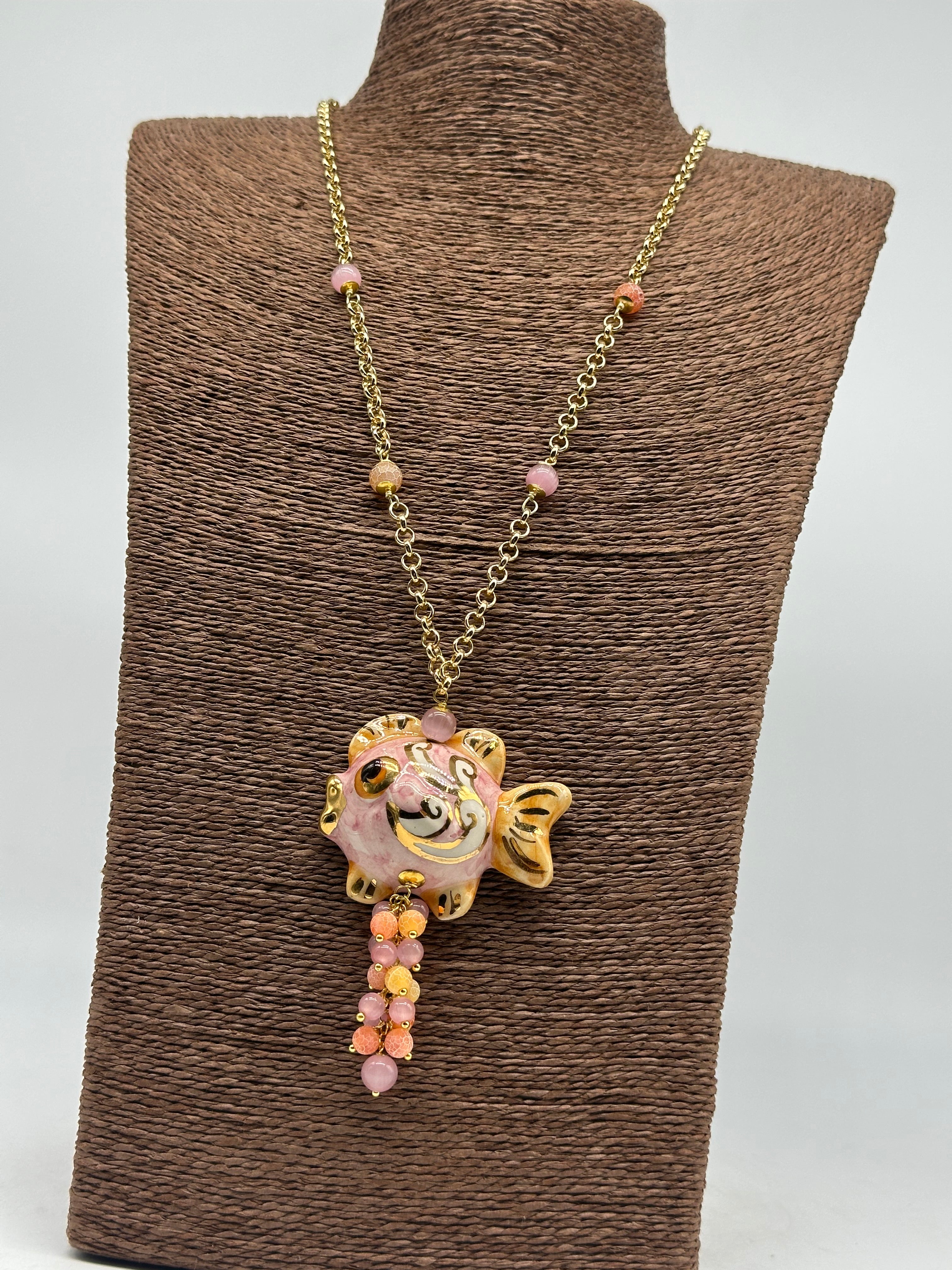 Collana Pesce in Ceramica di Caltagirone pietre catena dorata V.6 - COLLANA