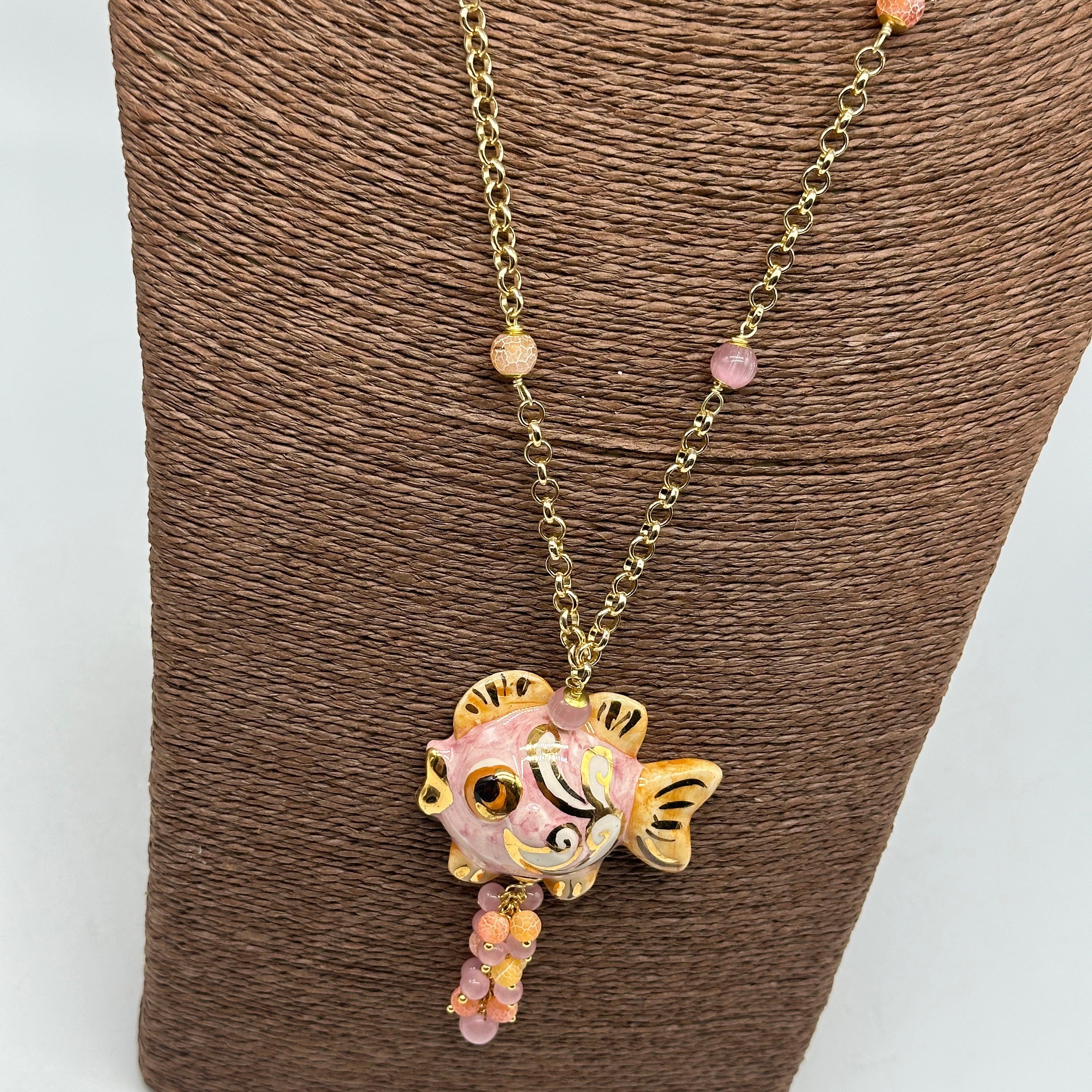 Collana Pesce in Ceramica di Caltagirone pietre catena dorata V.6 - COLLANA