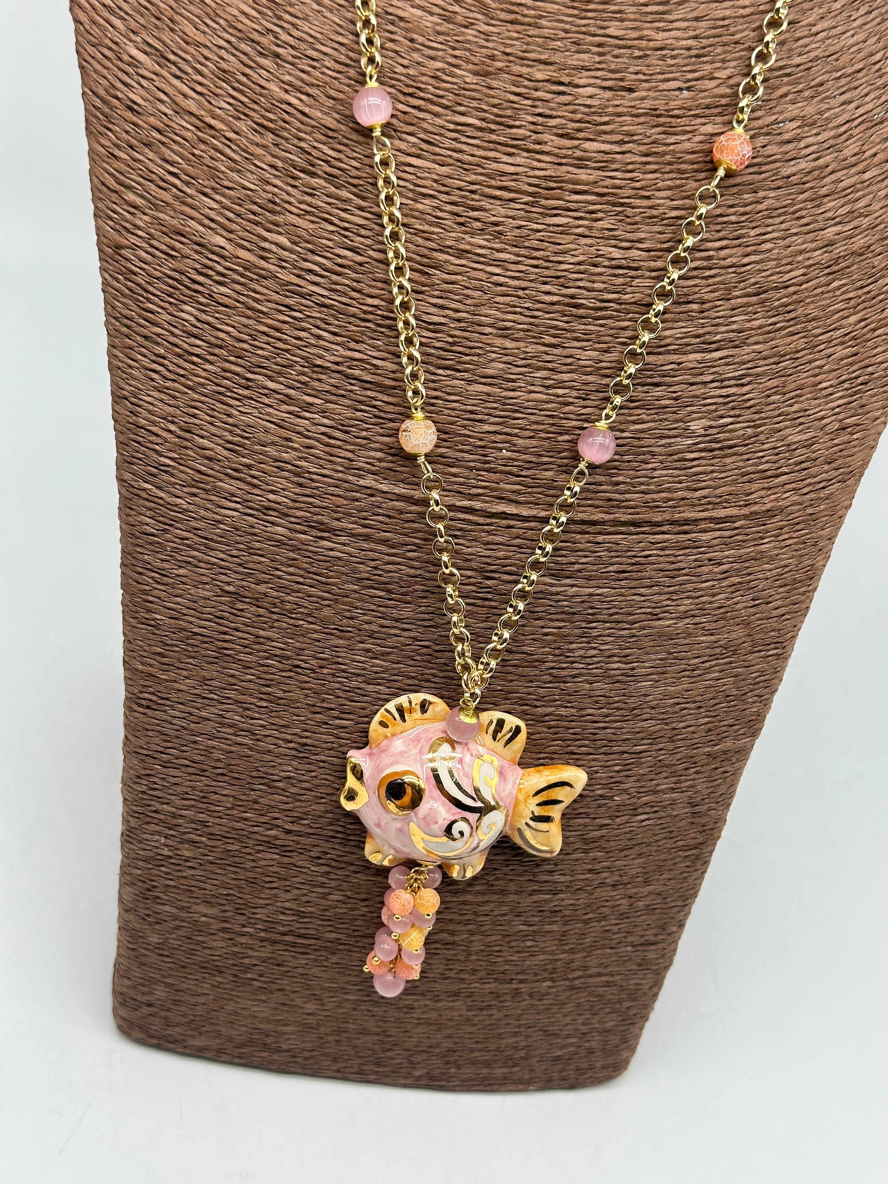 Collana Pesce in Ceramica di Caltagirone pietre catena dorata V.6 - COLLANA