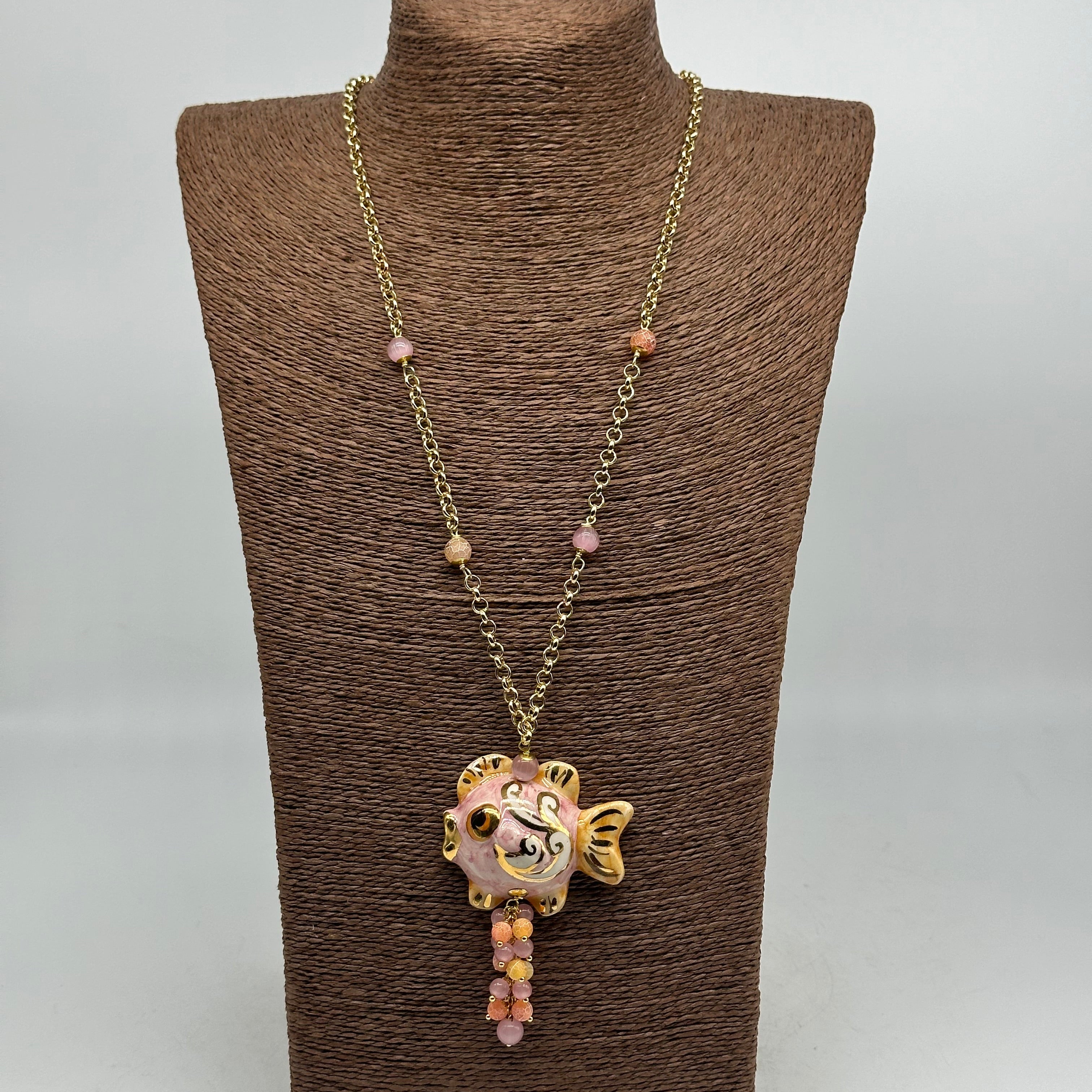 Collana Pesce in Ceramica di Caltagirone pietre catena dorata V.6 - COLLANA