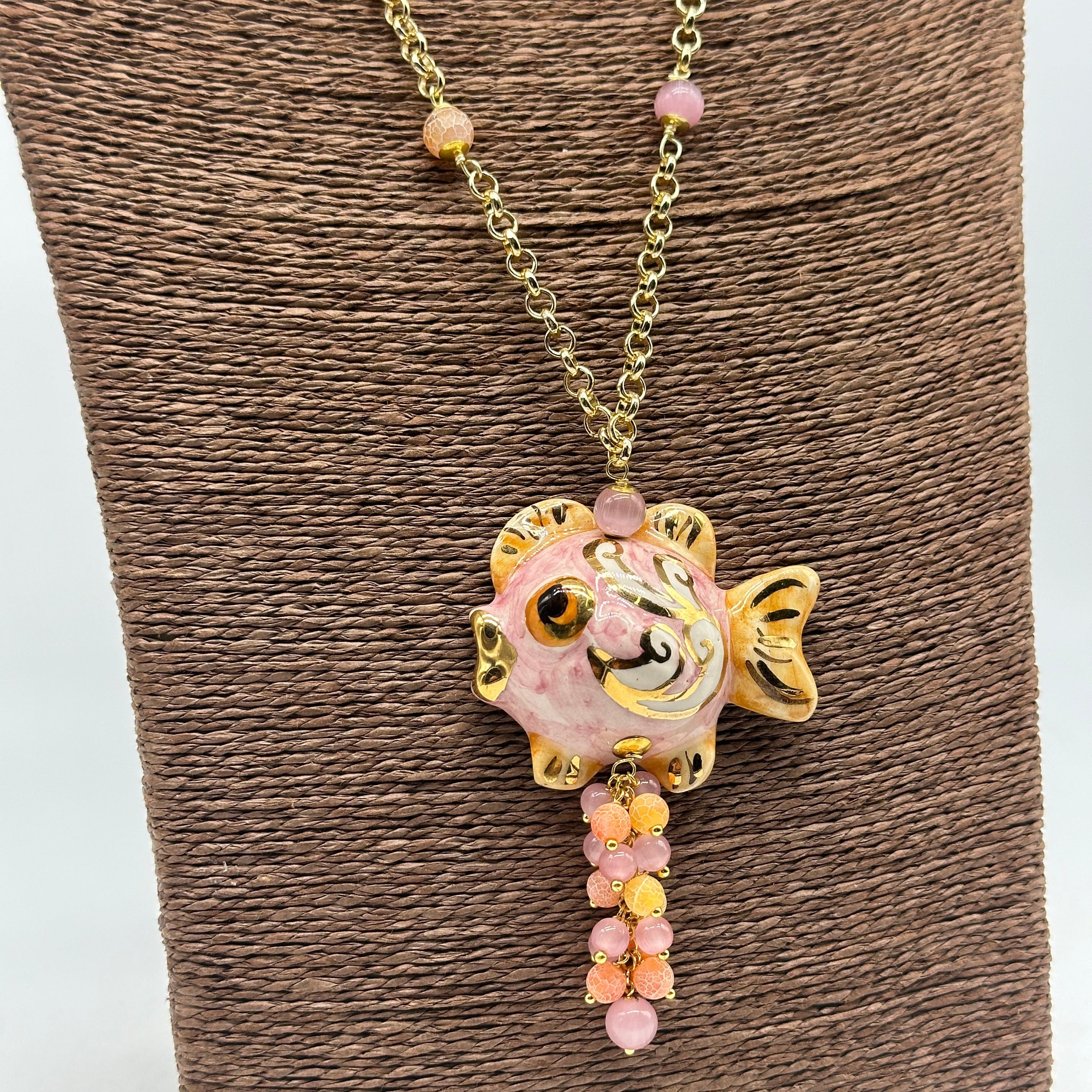 Collana Pesce in Ceramica di Caltagirone pietre catena dorata V.6 - COLLANA