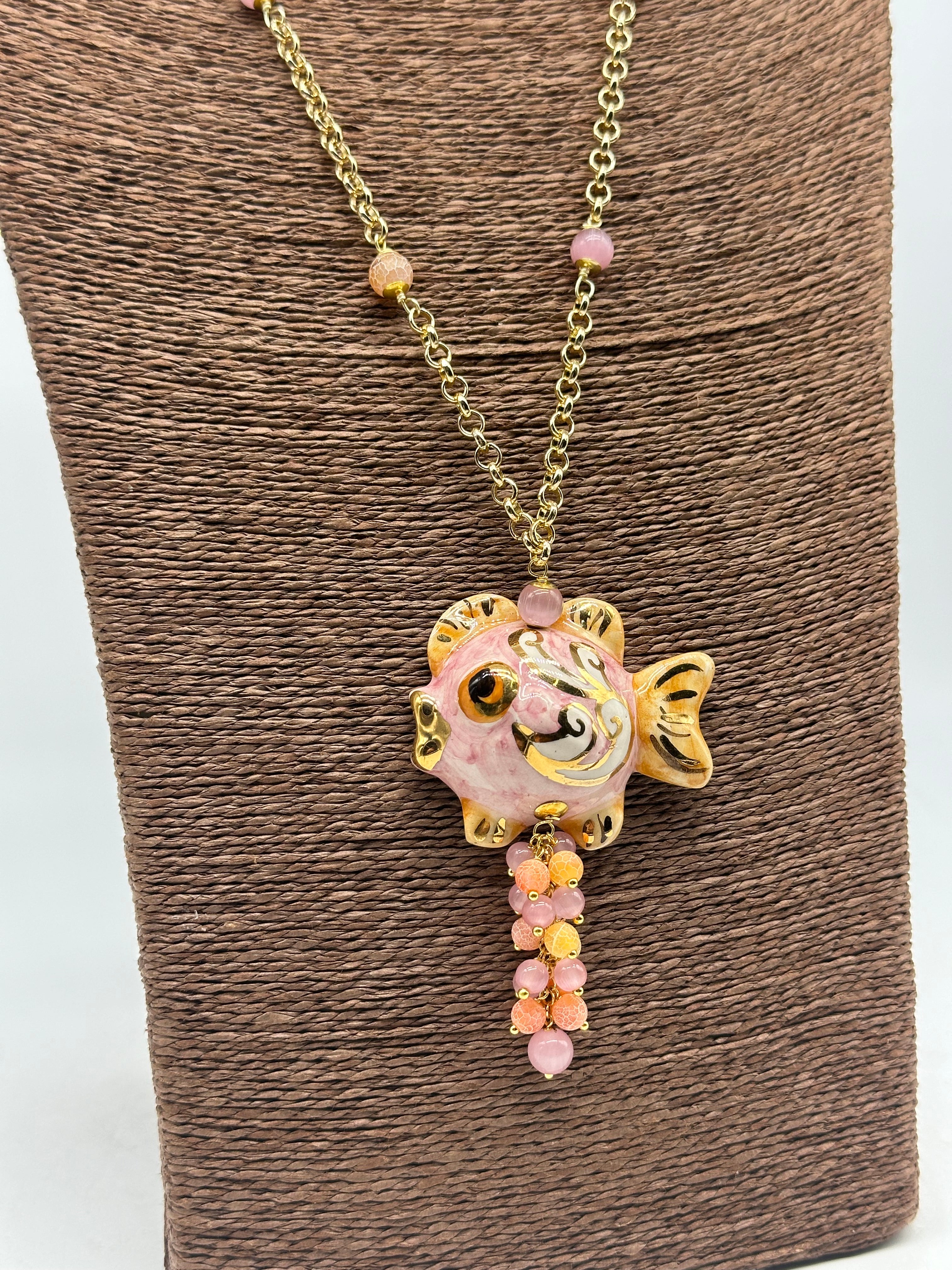 Collana Pesce in Ceramica di Caltagirone pietre catena dorata V.6 - COLLANA