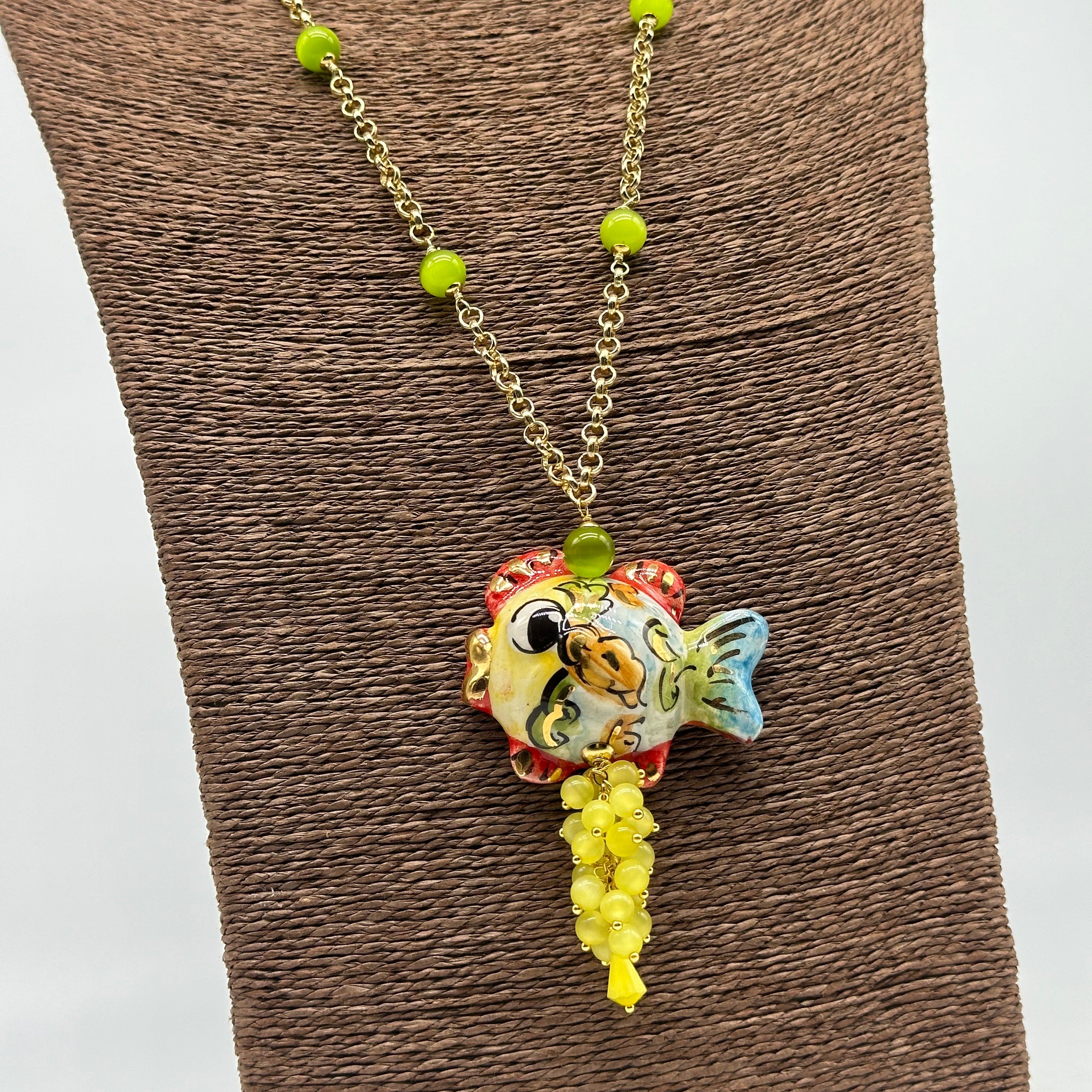 Collana Pesce in Ceramica di Caltagirone pietre catena dorata V.7 - BIJOUX