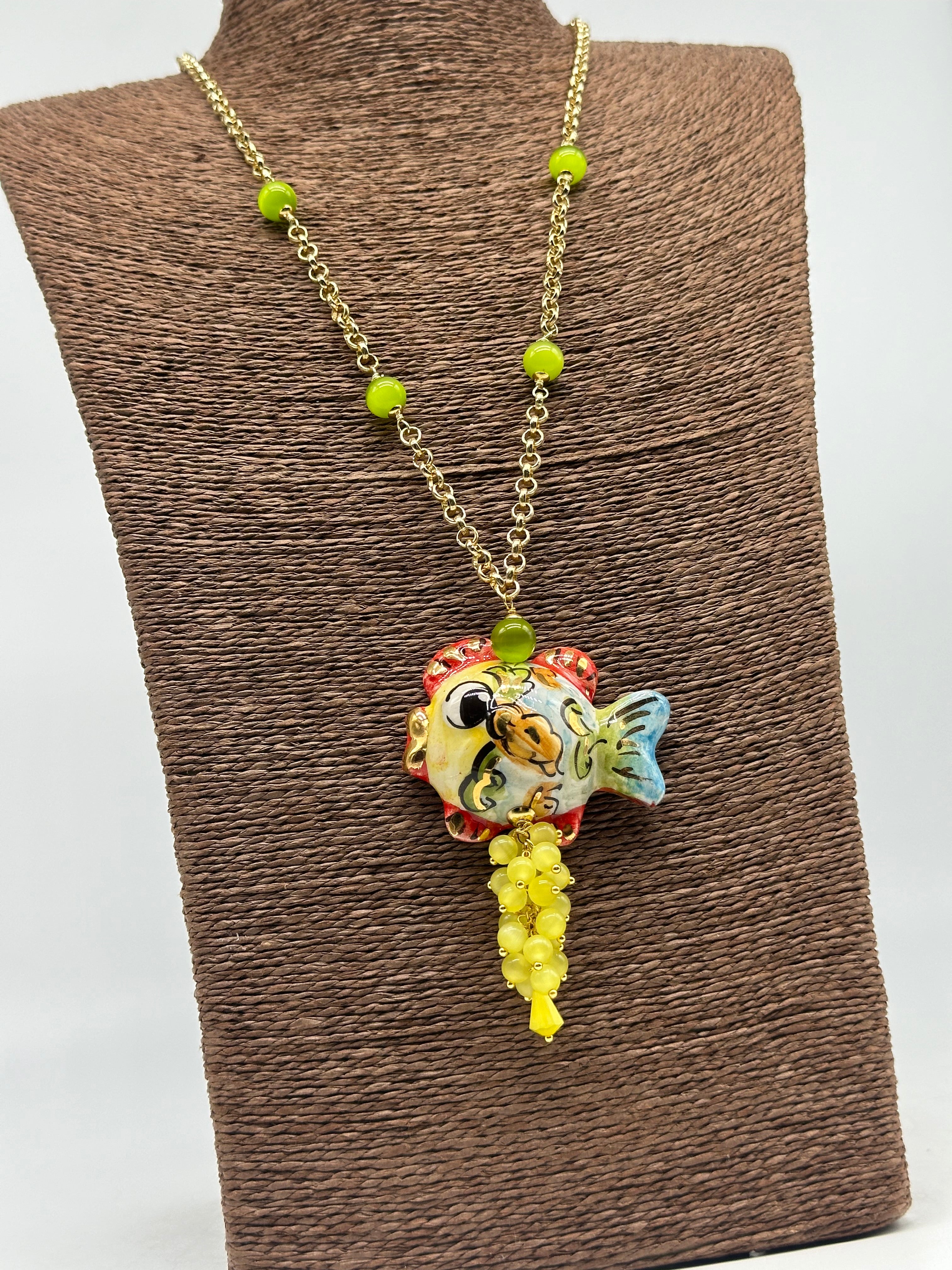 Collana Pesce in Ceramica di Caltagirone pietre catena dorata V.7 - BIJOUX