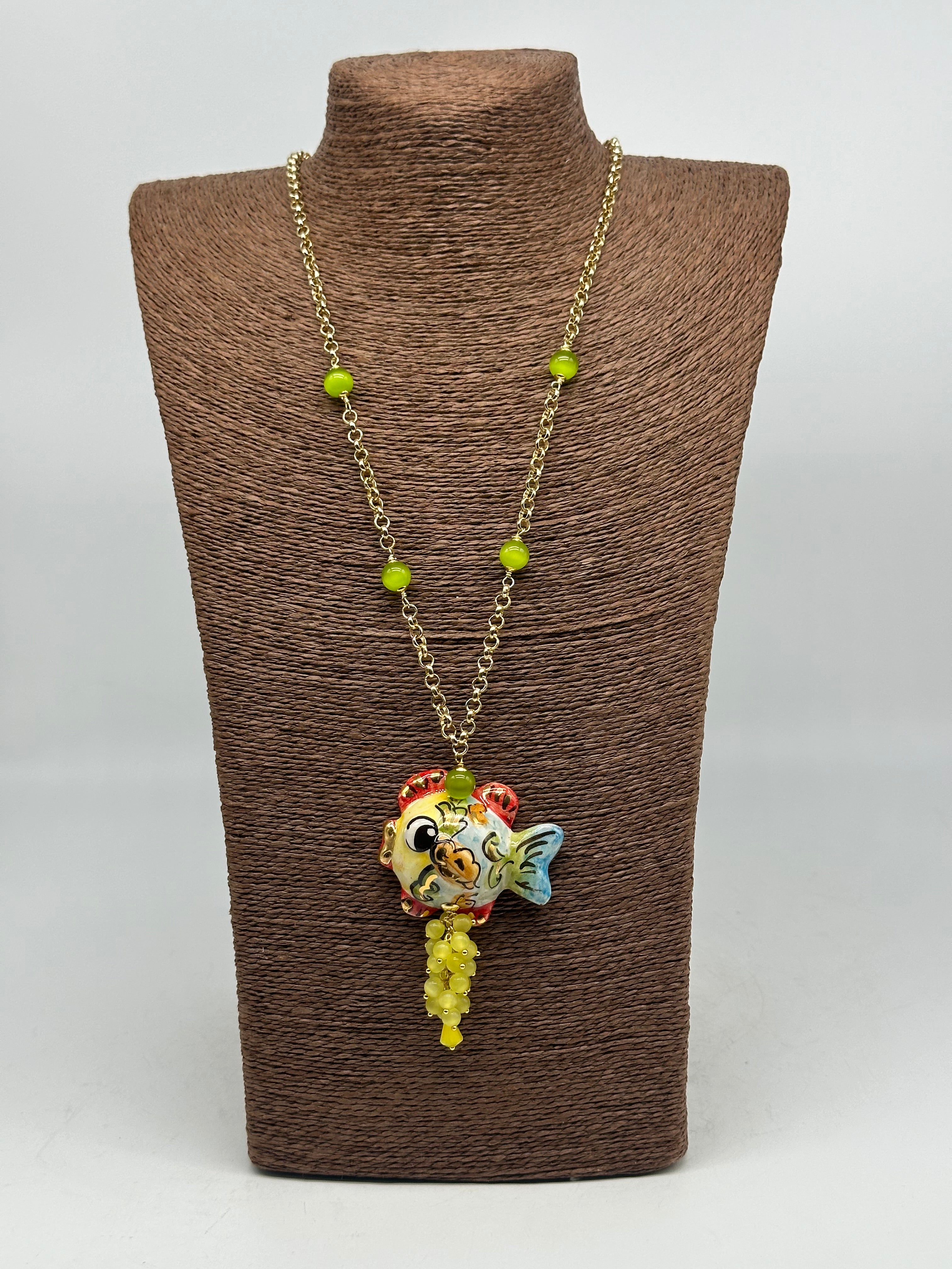 Collana Pesce in Ceramica di Caltagirone pietre catena dorata V.7 - BIJOUX