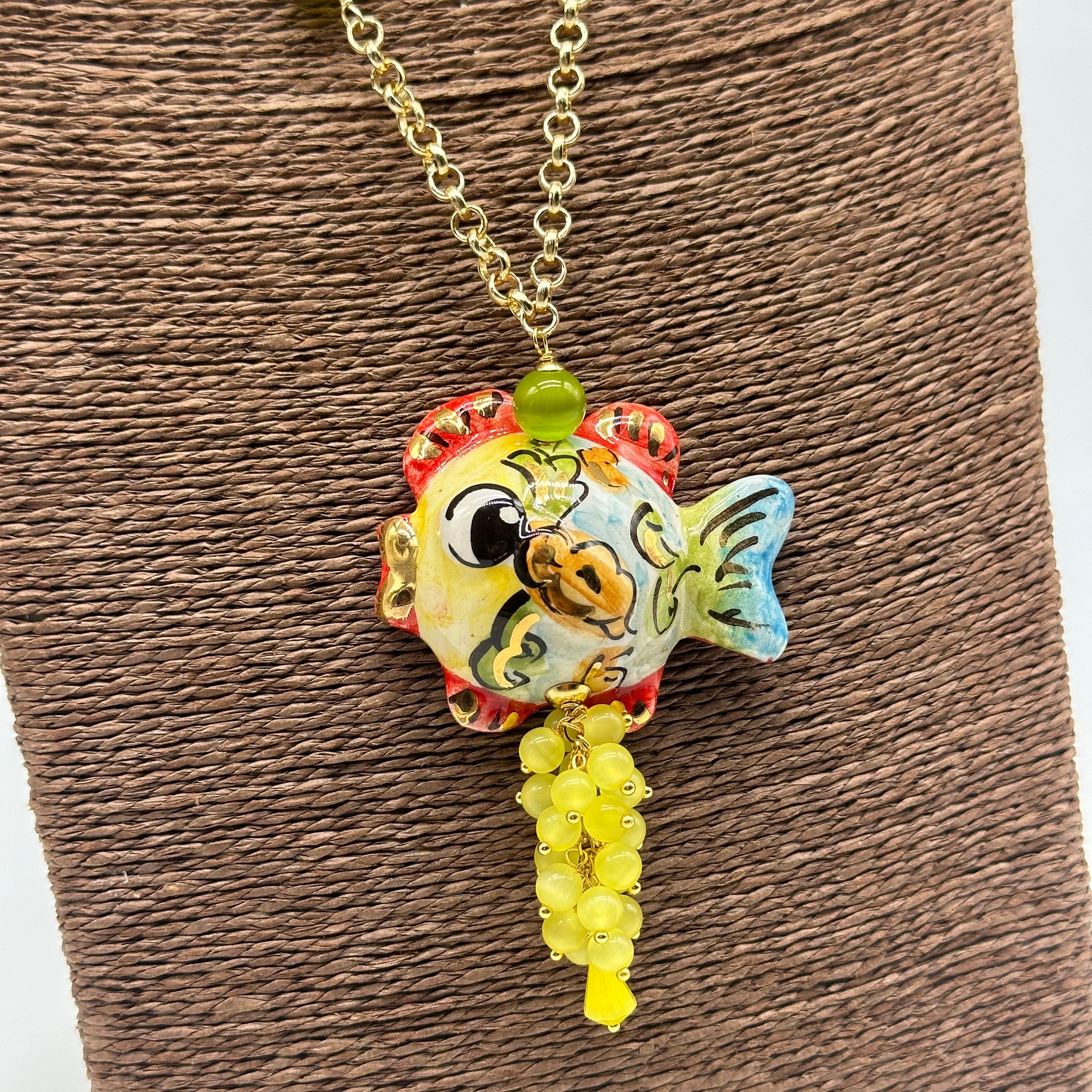 Collana Pesce in Ceramica di Caltagirone pietre catena dorata V.7 - BIJOUX