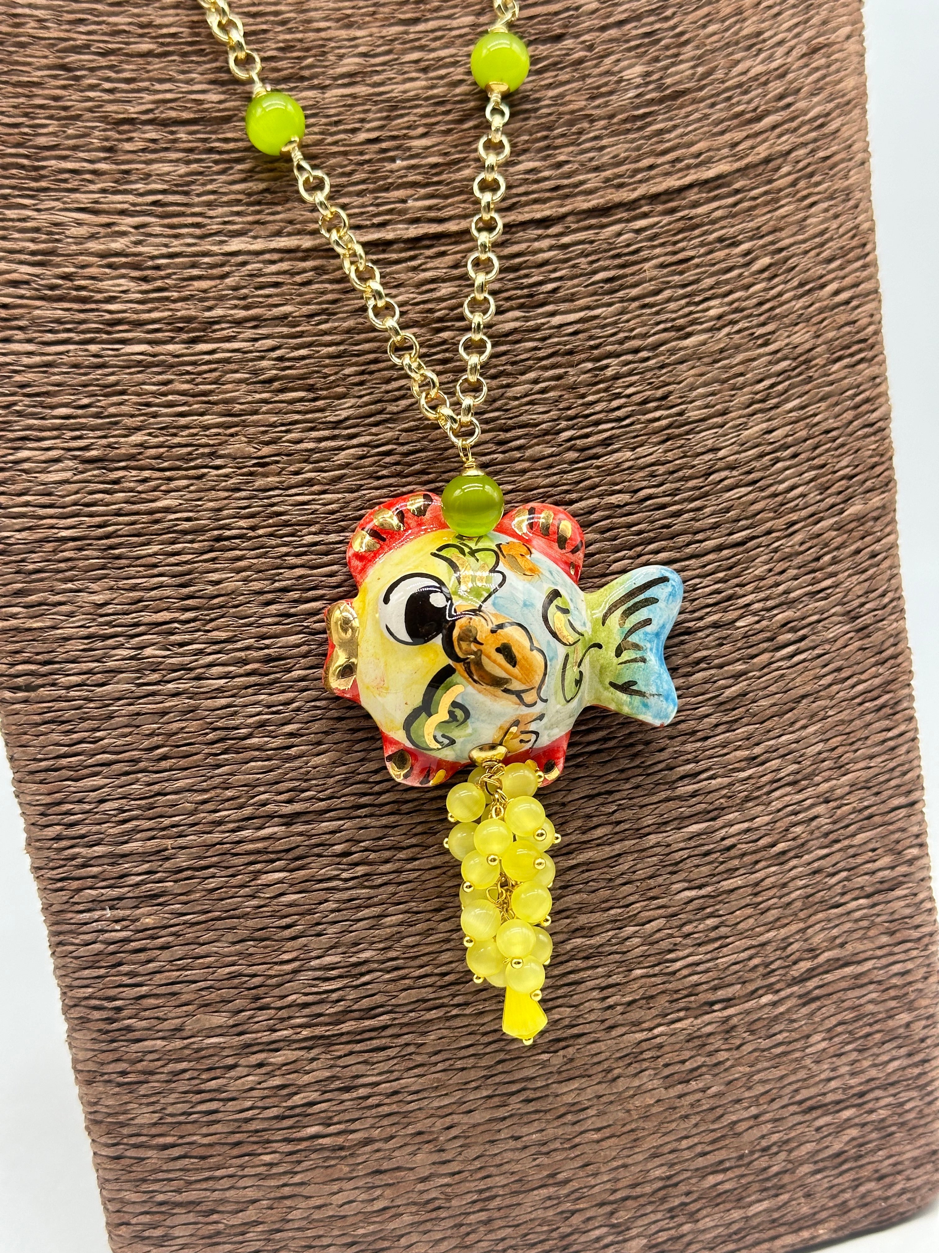 Collana Pesce in Ceramica di Caltagirone pietre catena dorata V.7 - BIJOUX