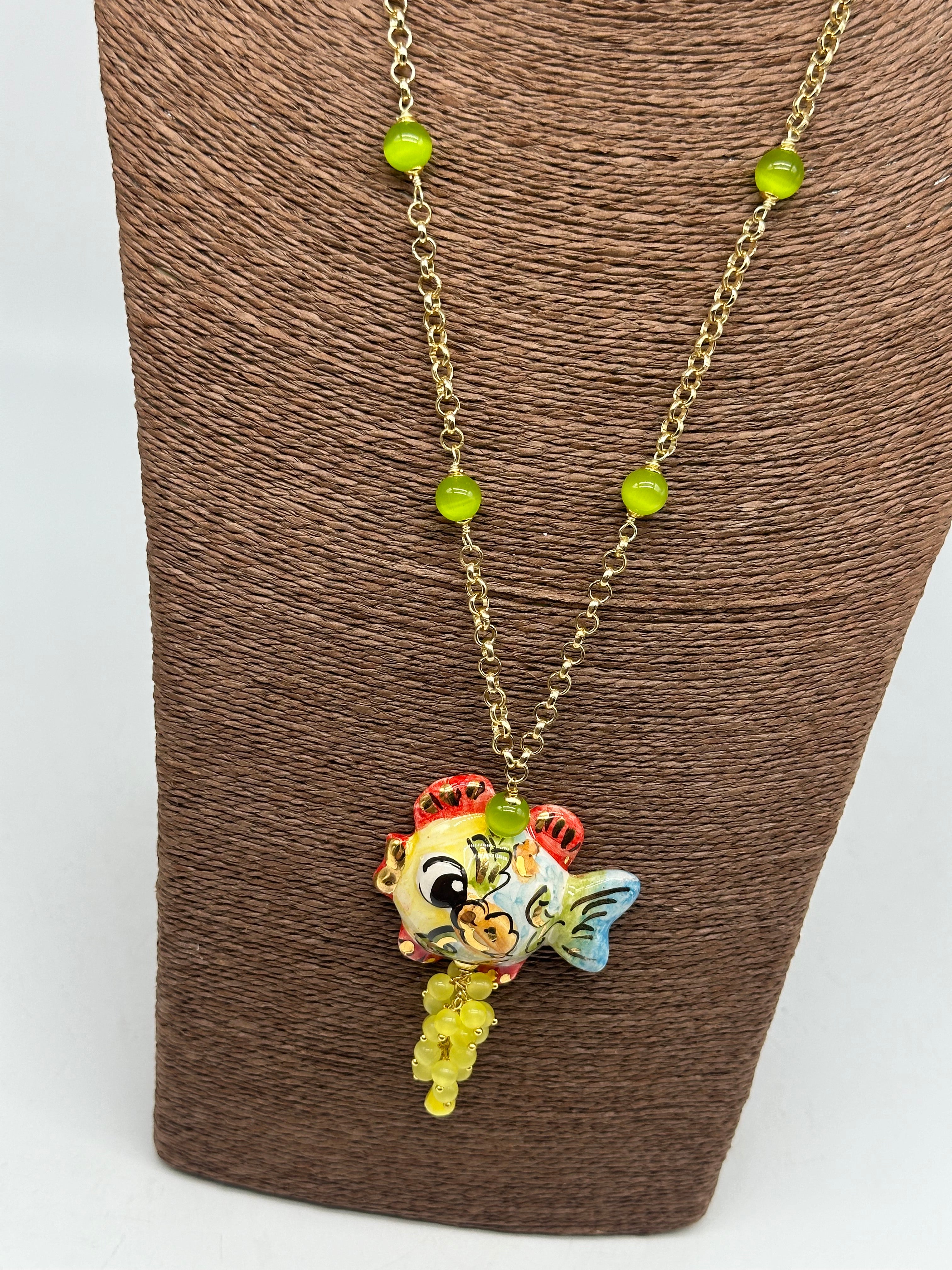 Collana Pesce in Ceramica di Caltagirone pietre catena dorata V.7 - BIJOUX