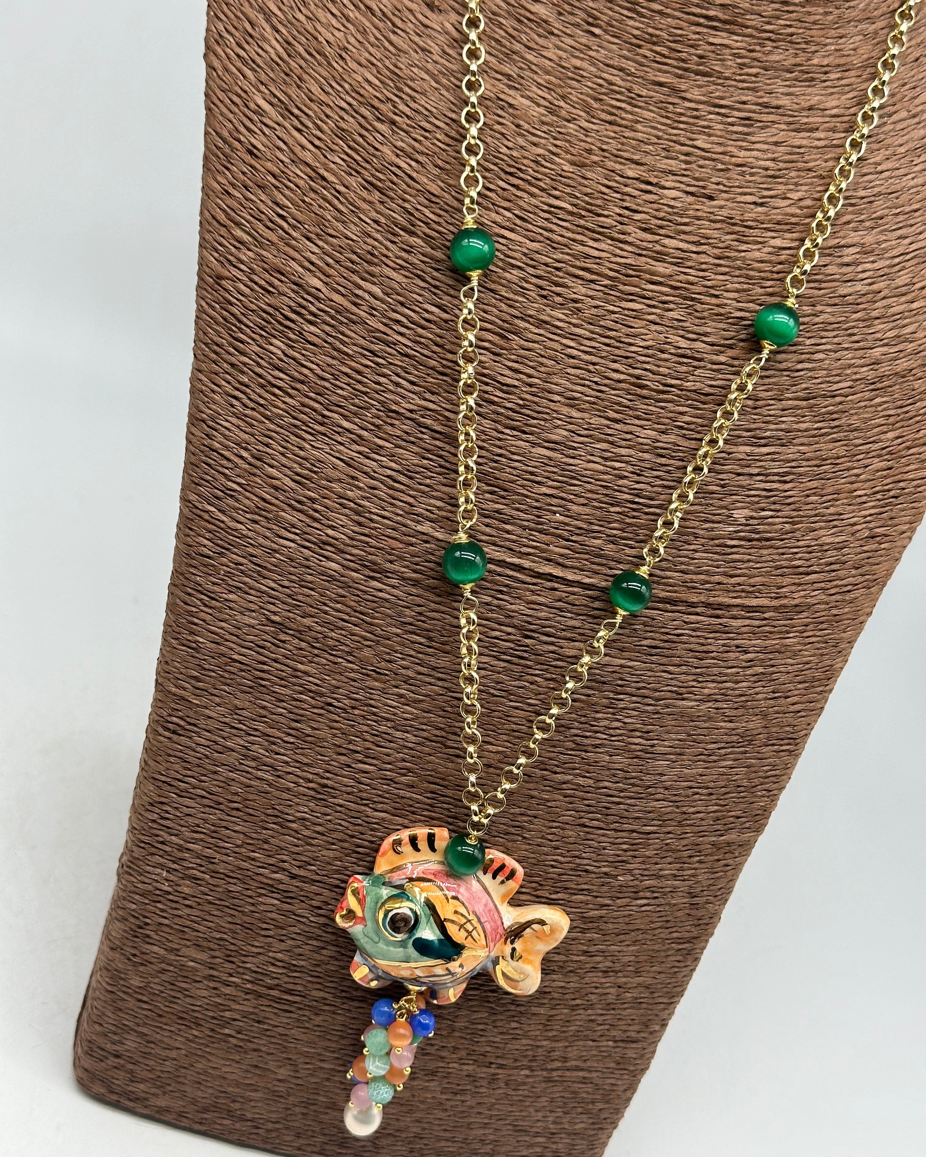 Collana Pesce in Ceramica di Caltagirone pietre catena dorata V.8 - BIJOUX